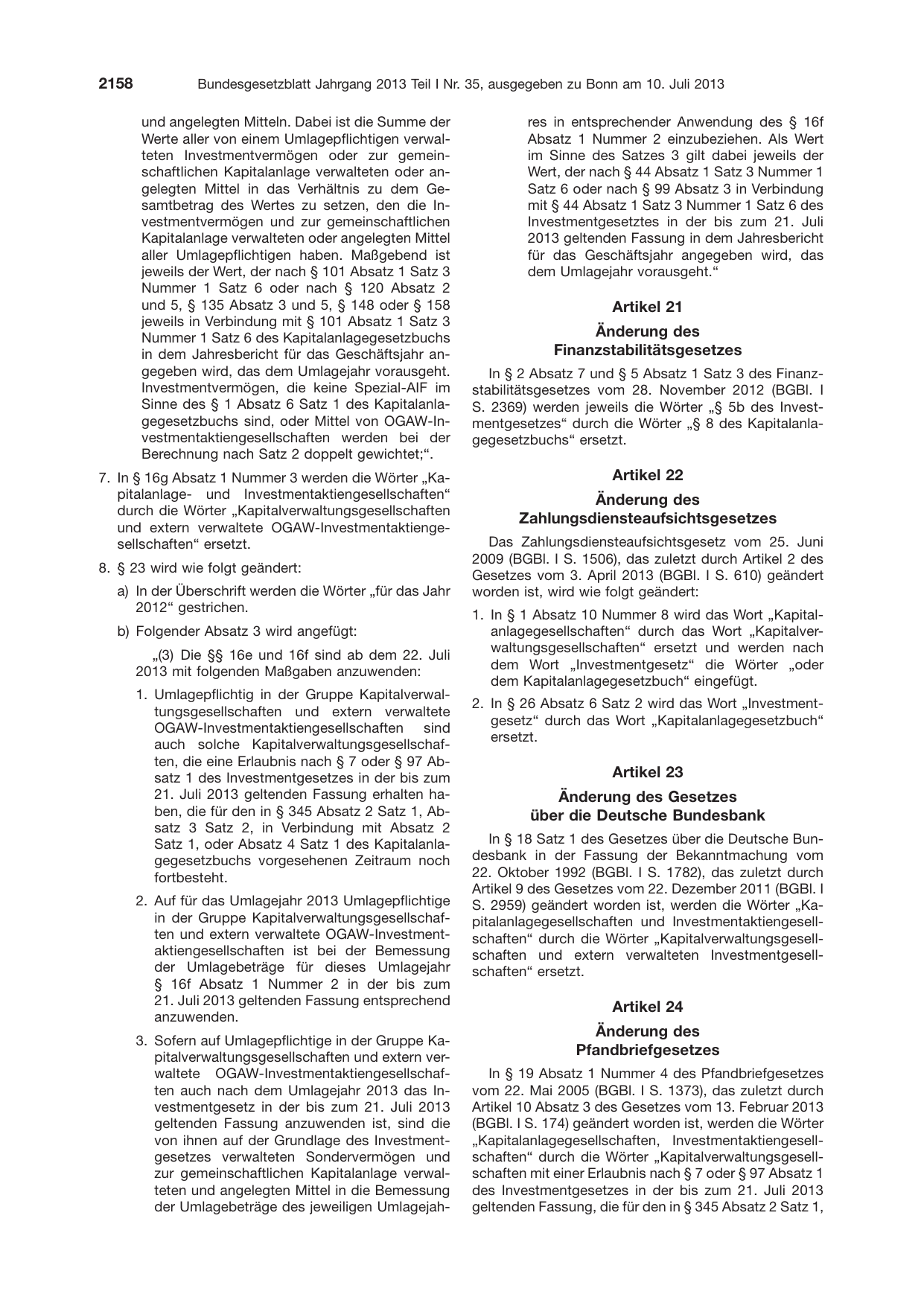 BGBl. 2013, Seite 2158 — Originalseite als Abbildung