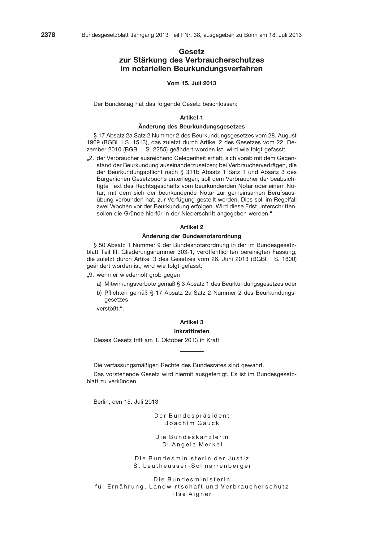 BGBl. 2013, Seite 2378 — Originalseite als Abbildung