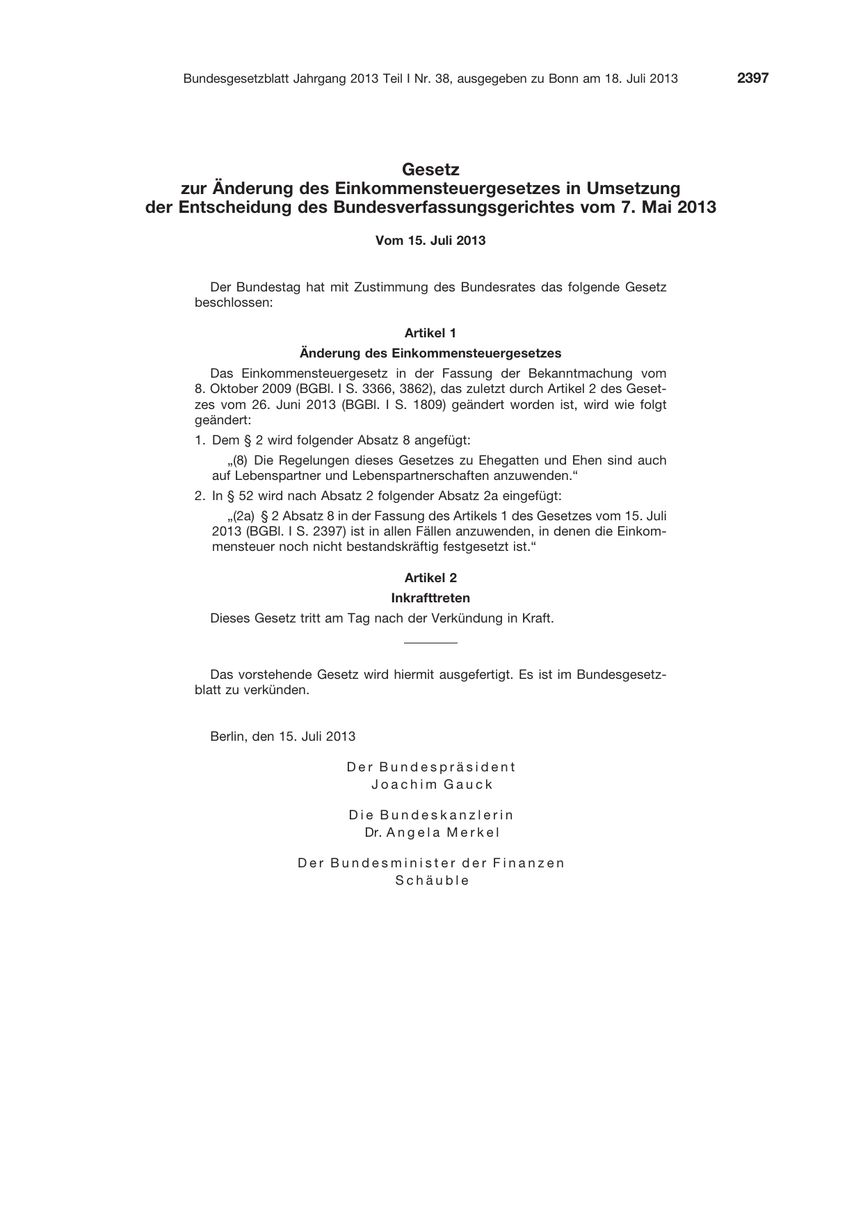 BGBl. 2013, Seite 2397 — Originalseite als Abbildung