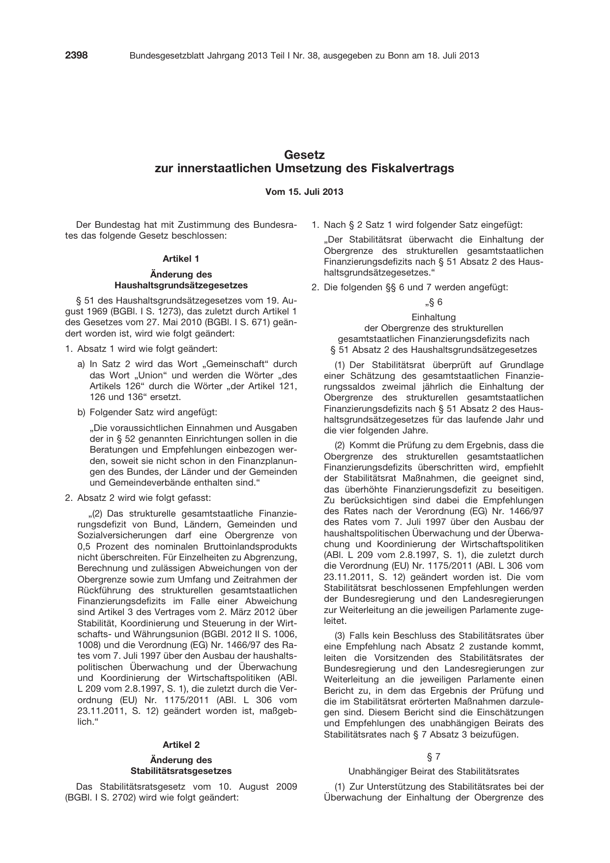 BGBl. 2013, Seite 2398 — Originalseite als Abbildung