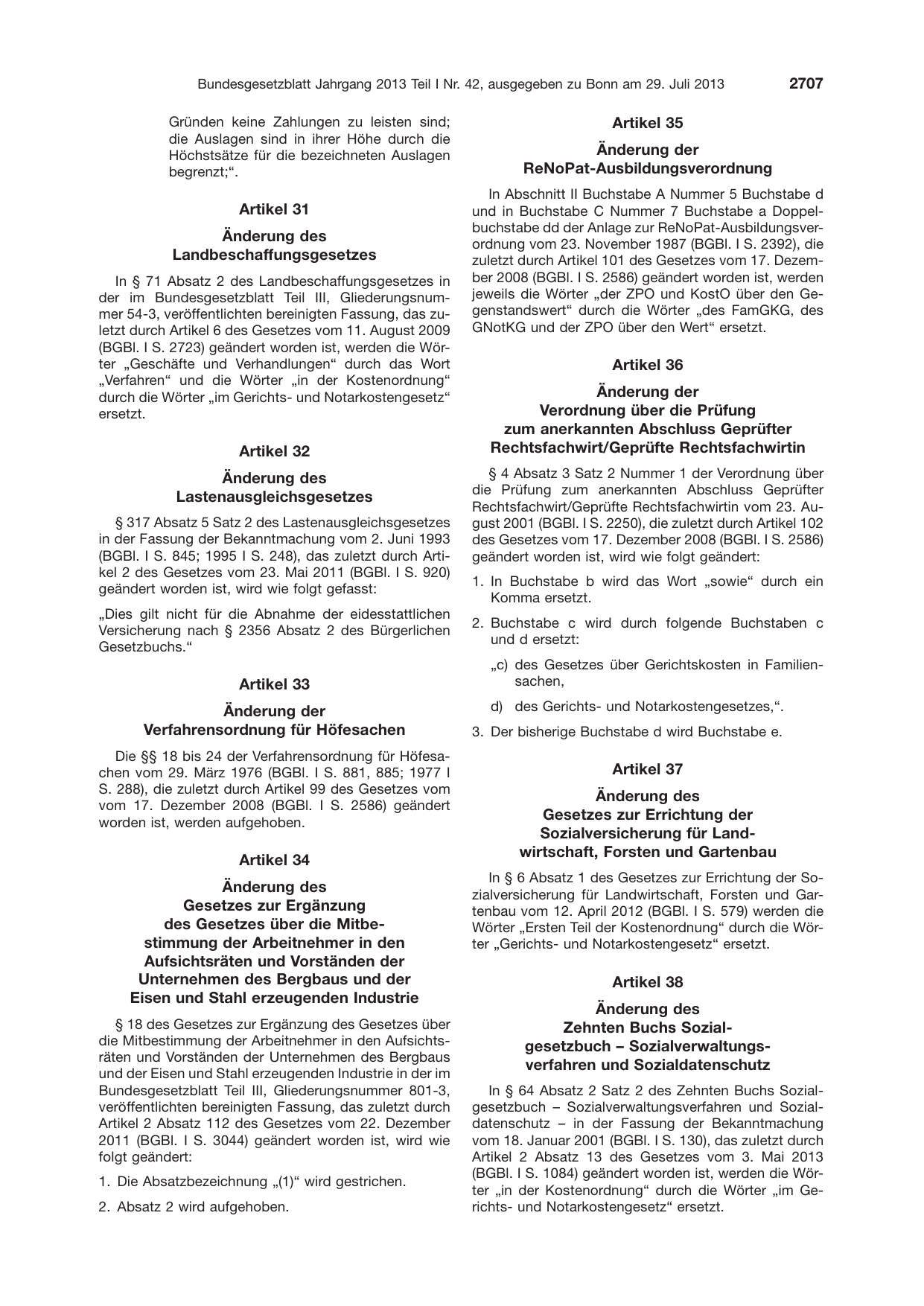 BGBl. 2013, Seite 2707 — Originalseite als Abbildung