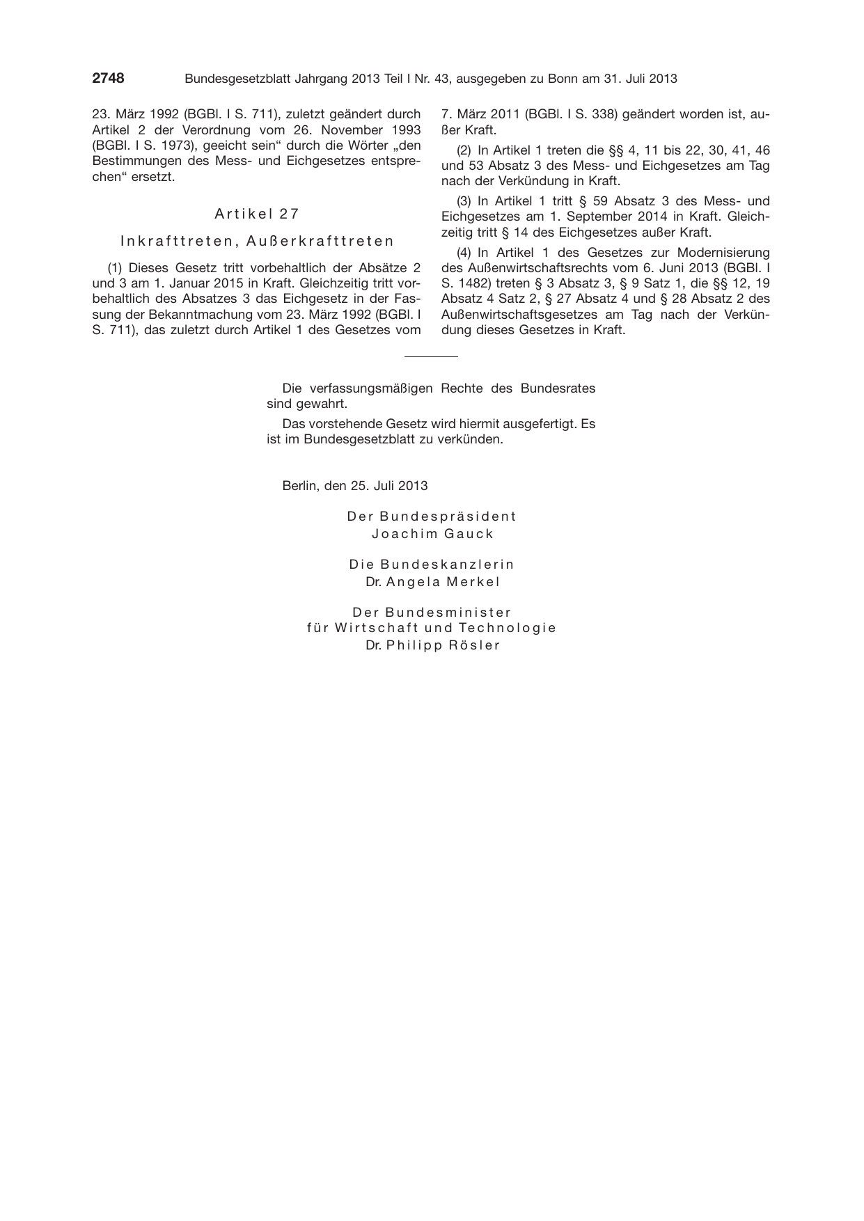 BGBl. 2013, Seite 2748 — Originalseite als Abbildung