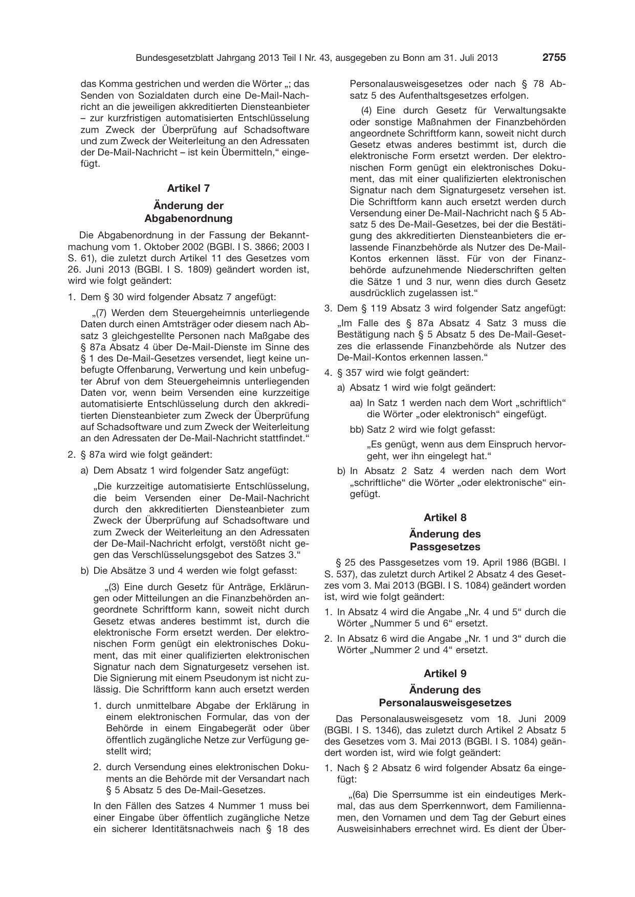 BGBl. 2013, Seite 2755 — Originalseite als Abbildung