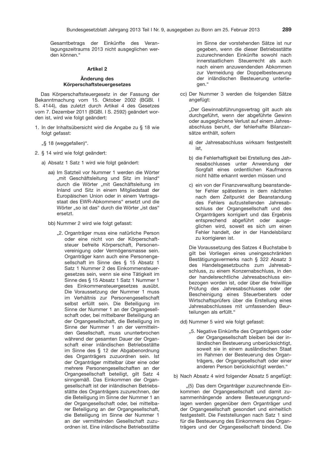BGBl. 2013, Seite 289 — Originalseite als Abbildung
