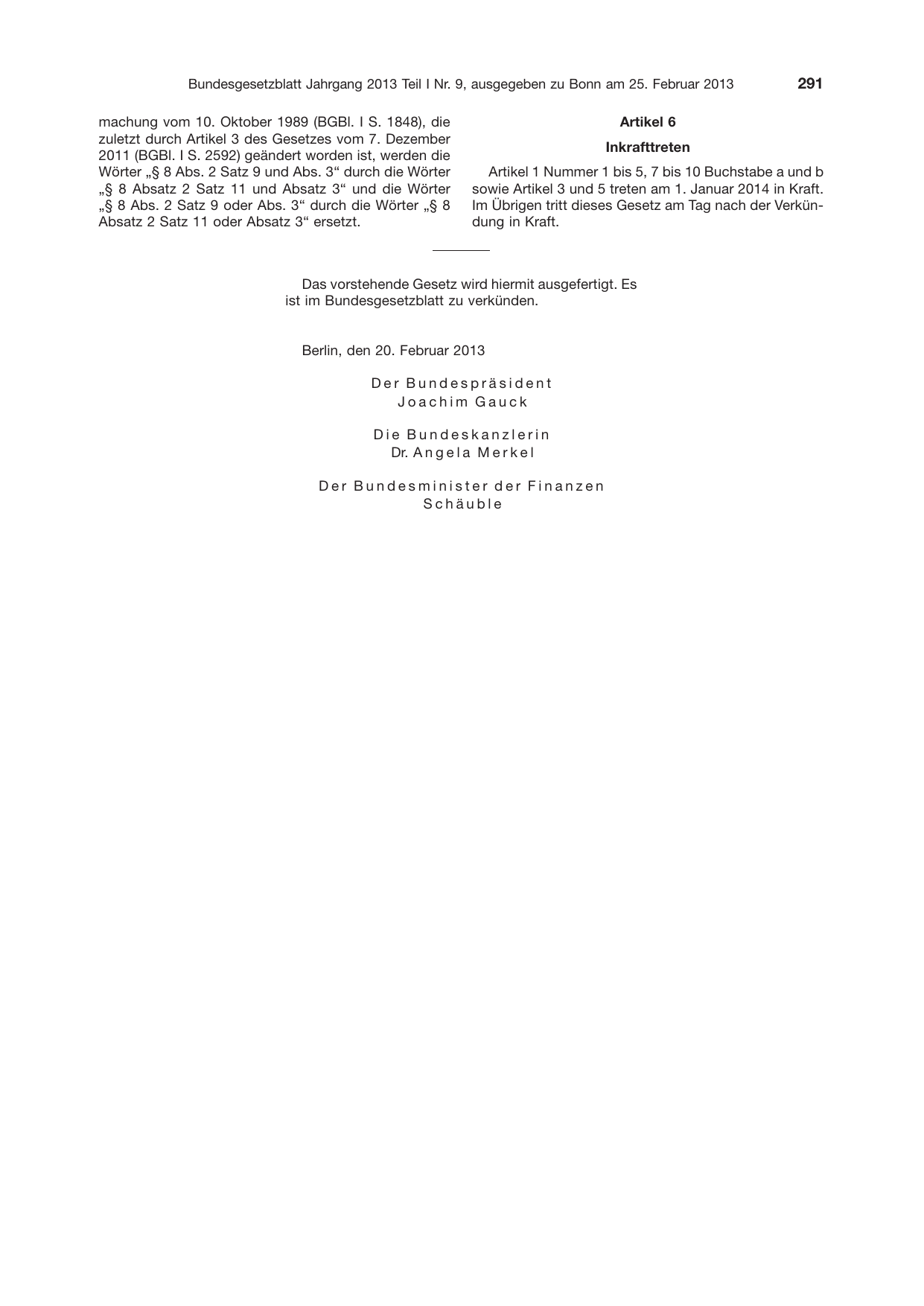BGBl. 2013, Seite 291 — Originalseite als Abbildung