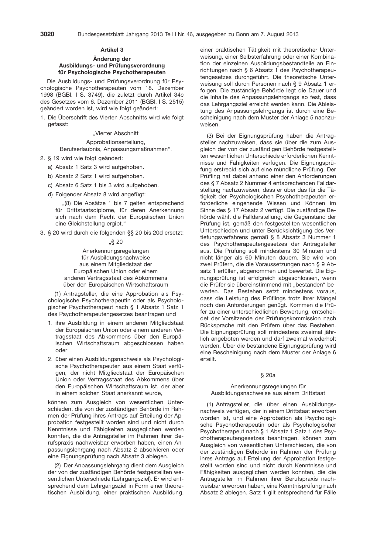 BGBl. 2013, Seite 3020 — Originalseite als Abbildung