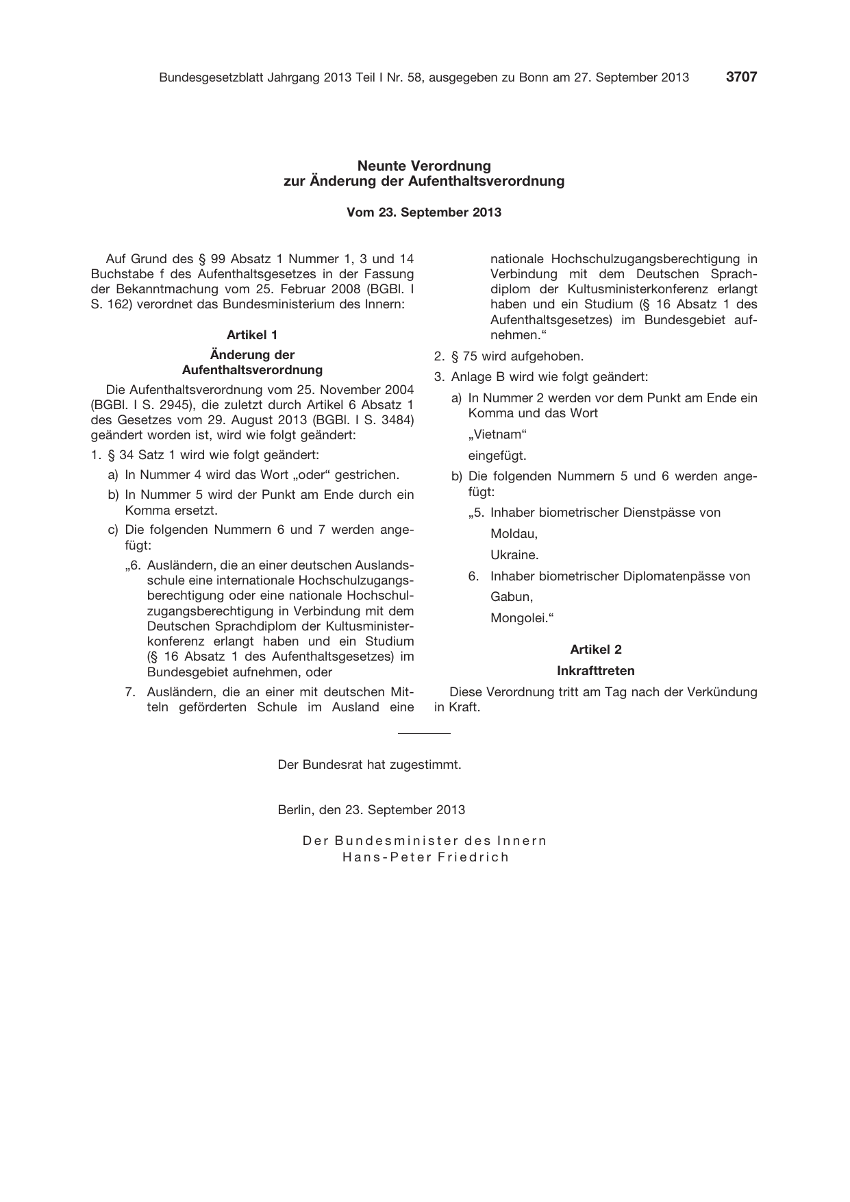 BGBl. 2013, Seite 3707 — Originalseite als Abbildung