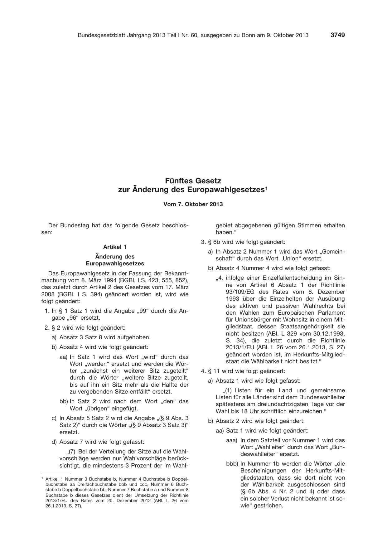 BGBl. 2013, Seite 3749 — Originalseite als Abbildung