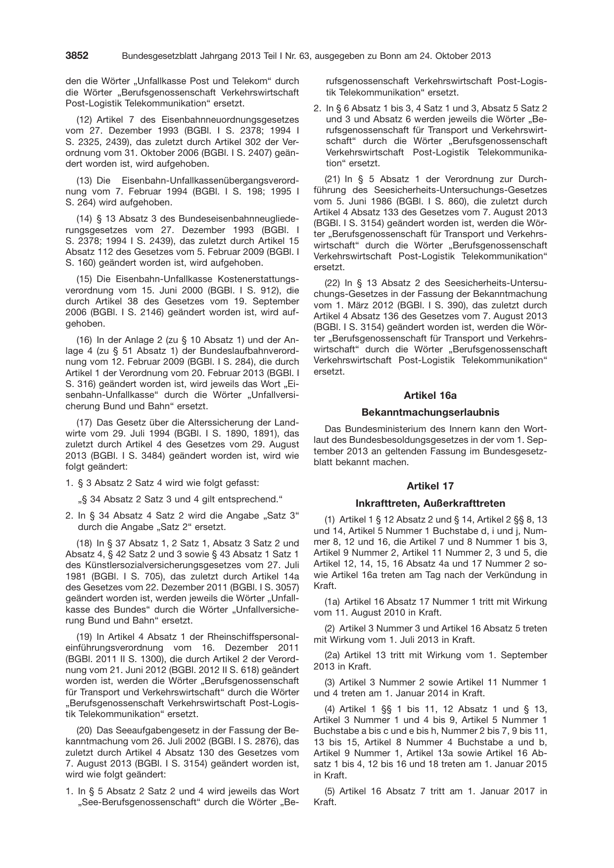 BGBl. 2013, Seite 3852 — Originalseite als Abbildung