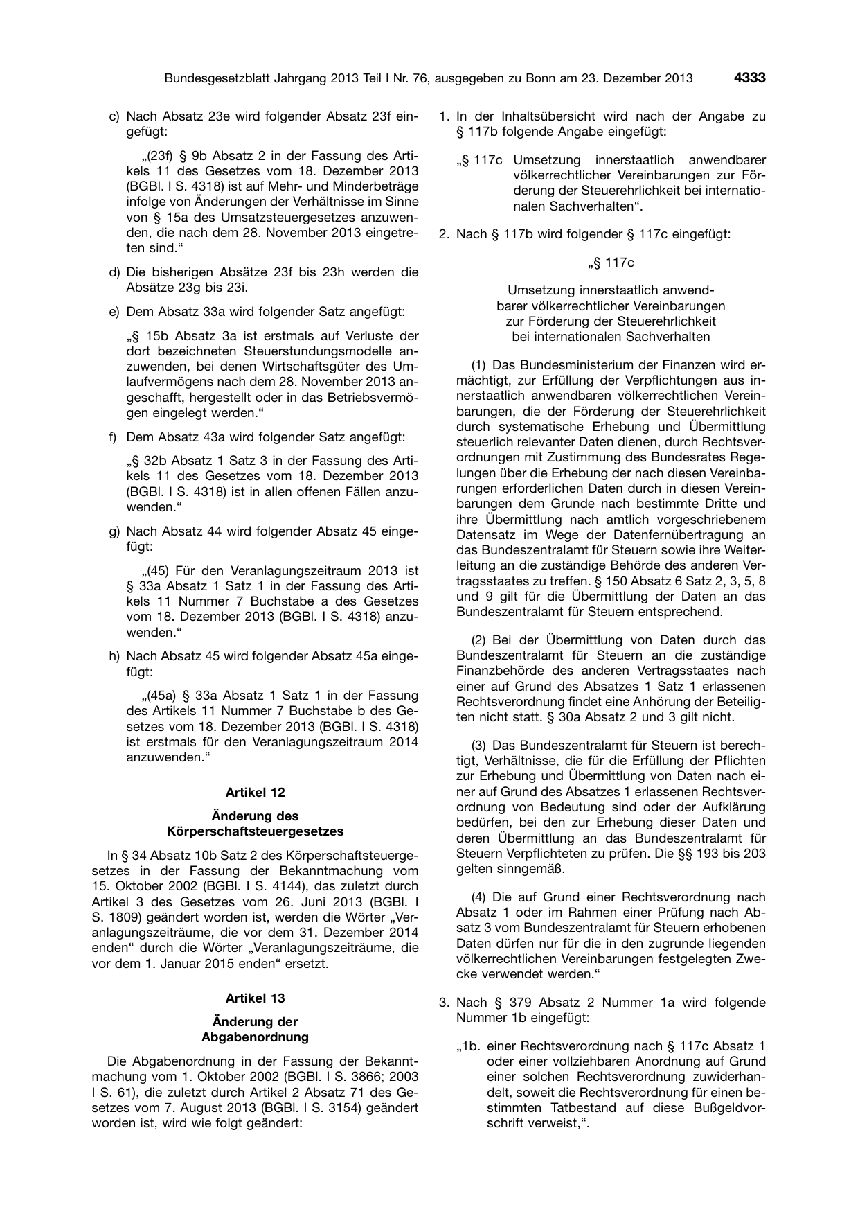 BGBl. 2013, Seite 4333 — Originalseite als Abbildung