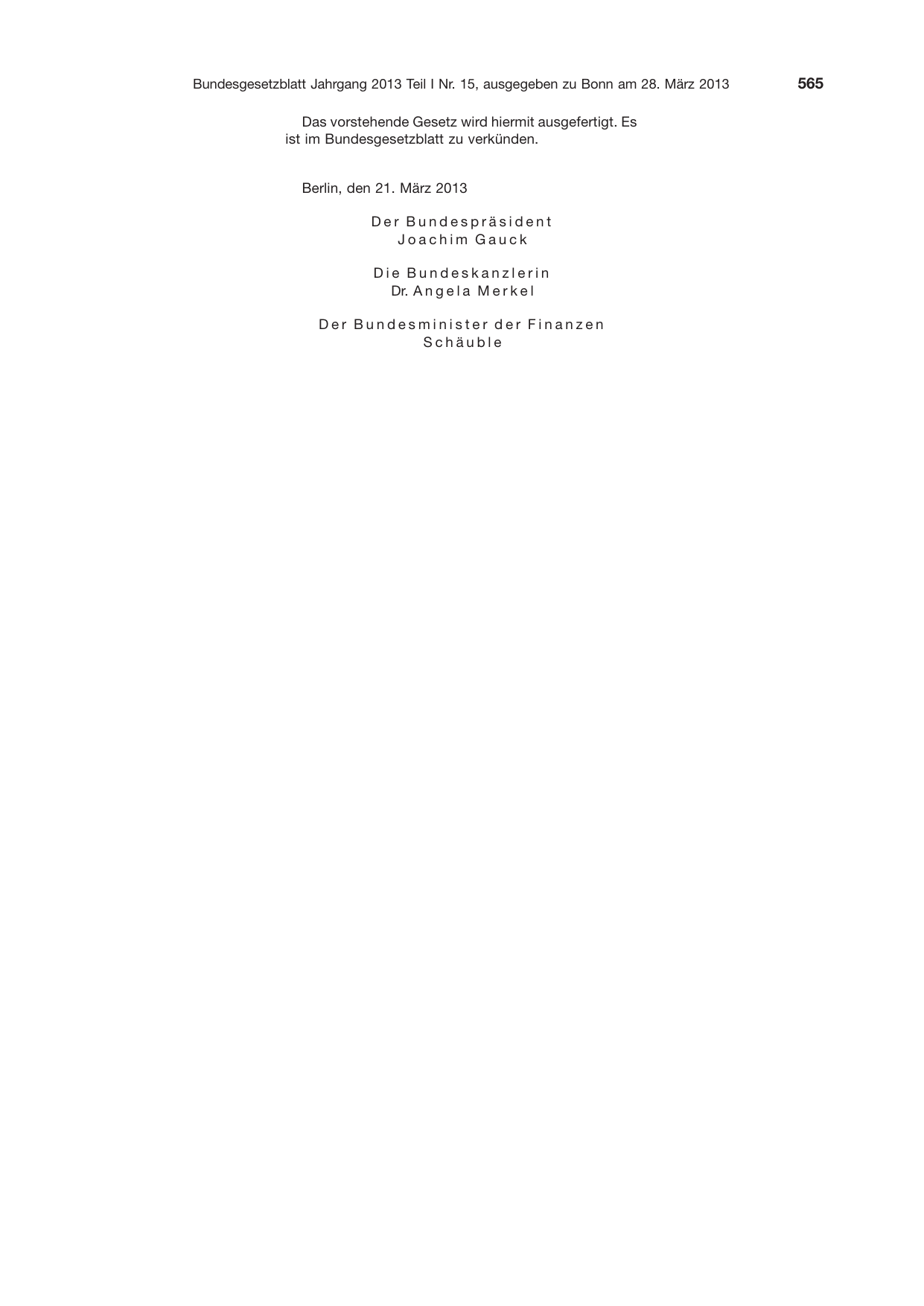 BGBl. 2013, Seite 565 — Originalseite als Abbildung