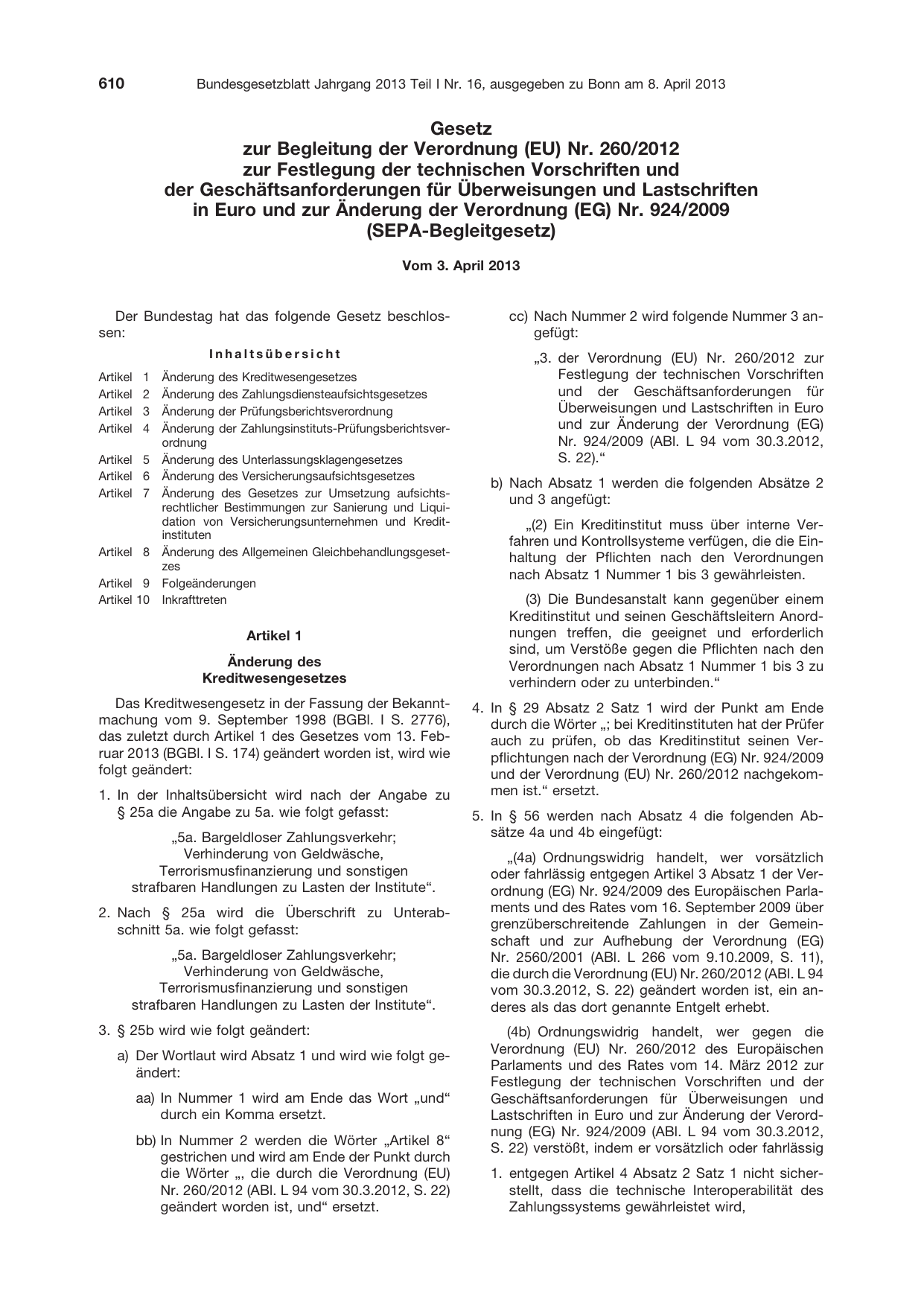 BGBl. 2013, Seite 610 — Originalseite als Abbildung