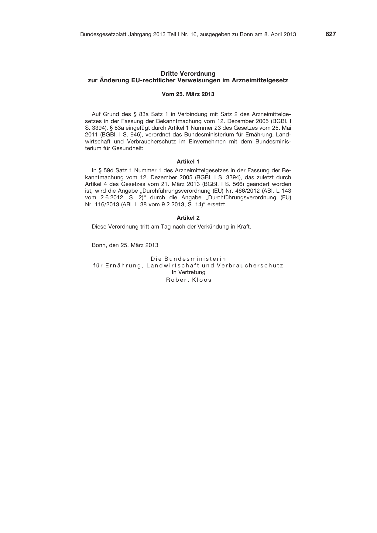 BGBl. 2013, Seite 627 — Originalseite als Abbildung