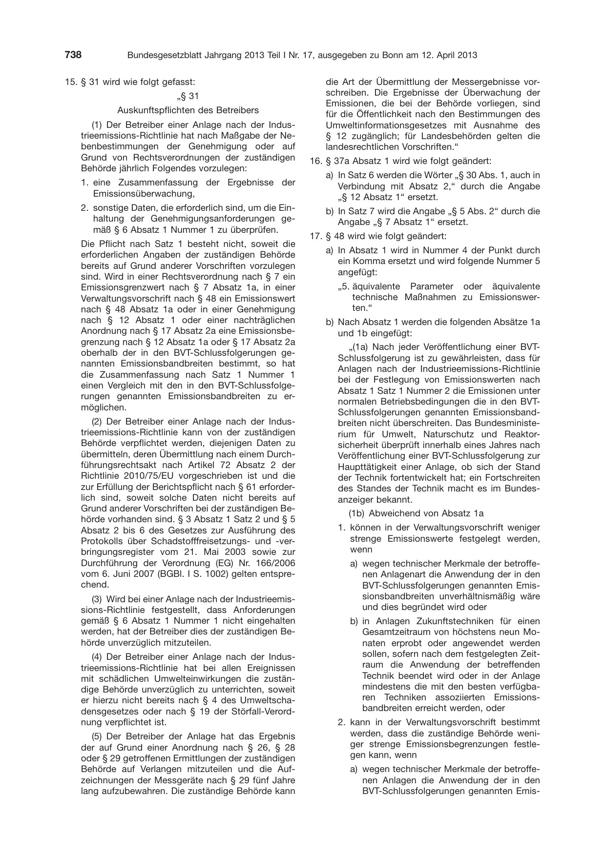 BGBl. 2013, Seite 738 — Originalseite als Abbildung