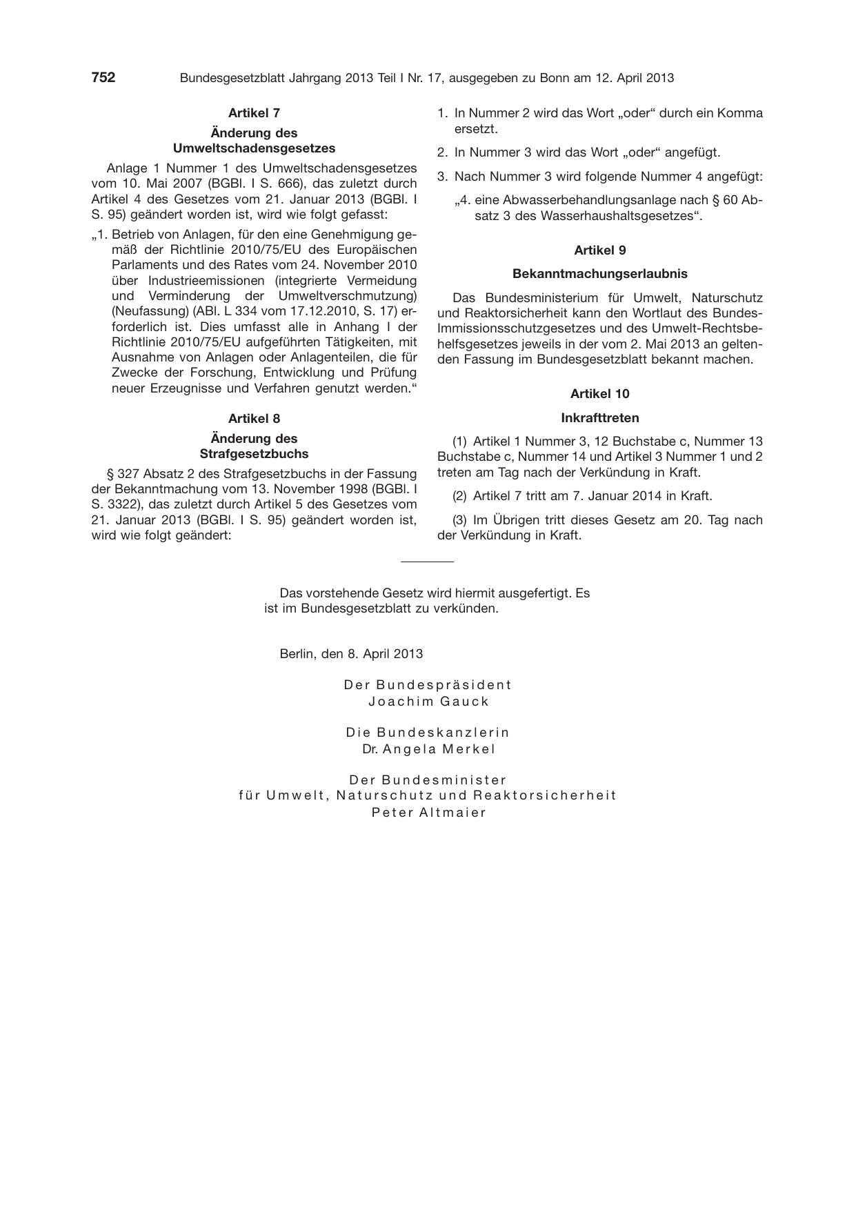BGBl. 2013, Seite 752 — Originalseite als Abbildung