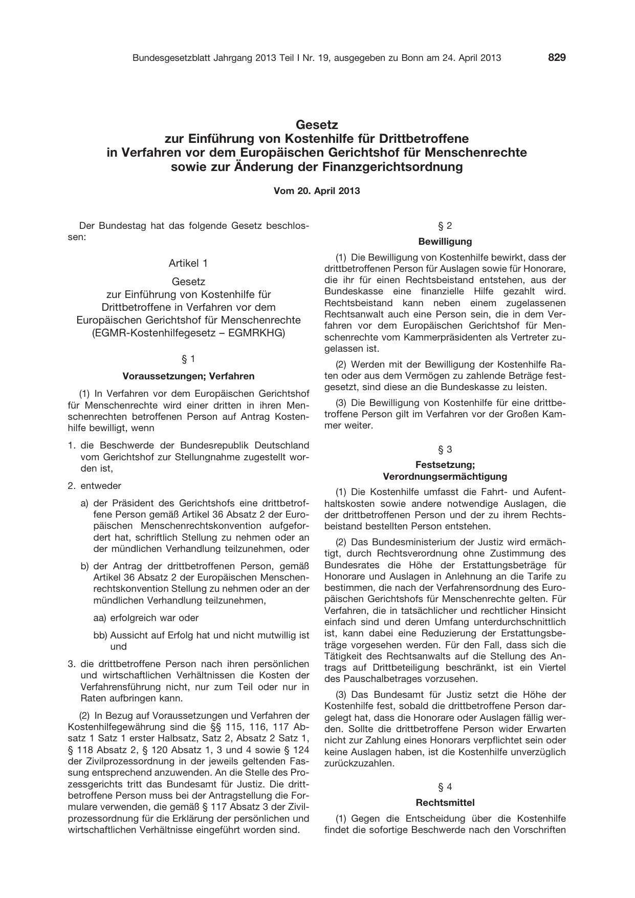 BGBl. 2013, Seite 829 — Originalseite als Abbildung