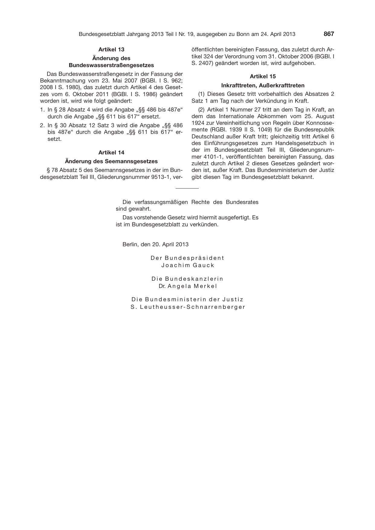 BGBl. 2013, Seite 867 — Originalseite als Abbildung