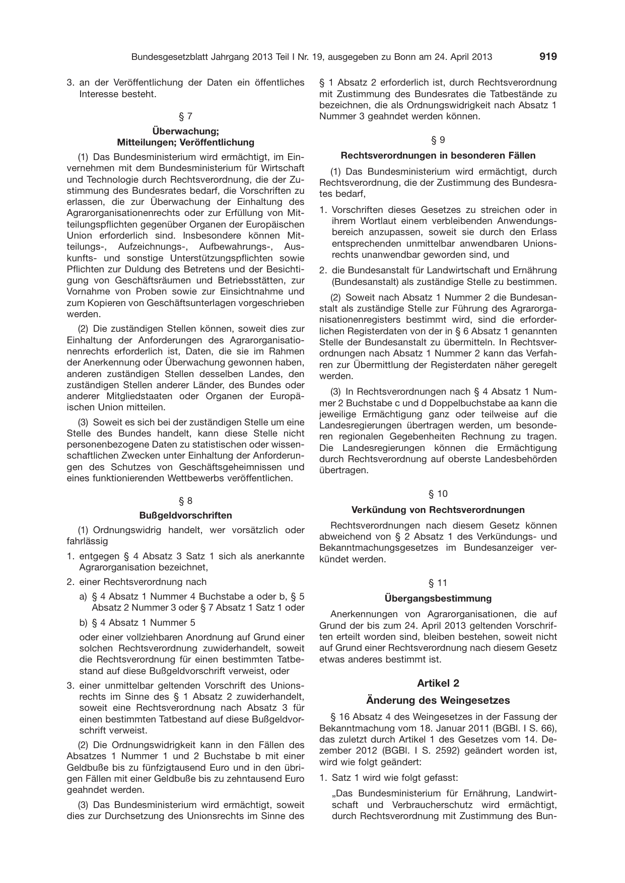 BGBl. 2013, Seite 919 — Originalseite als Abbildung