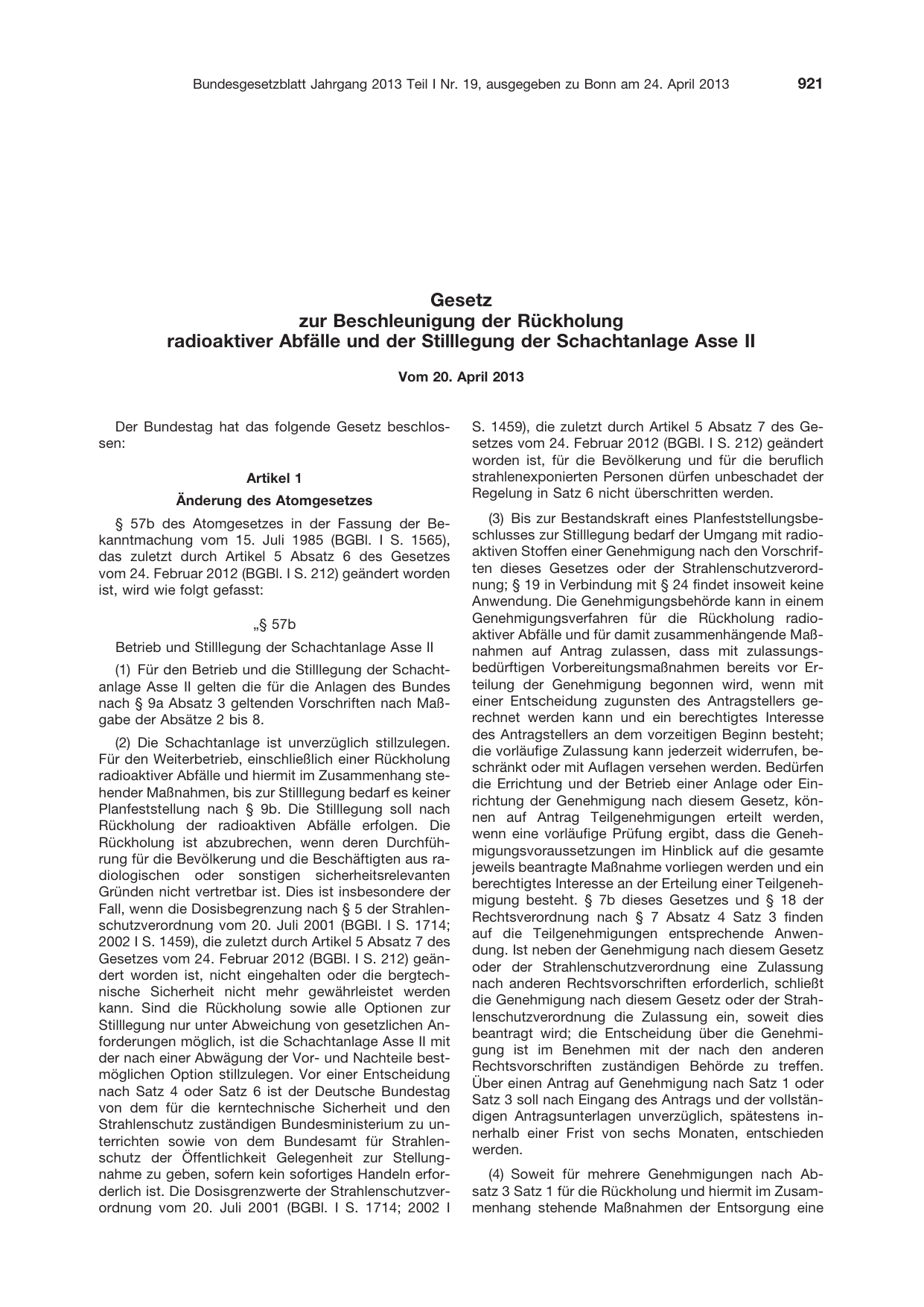 BGBl. 2013, Seite 921 — Originalseite als Abbildung