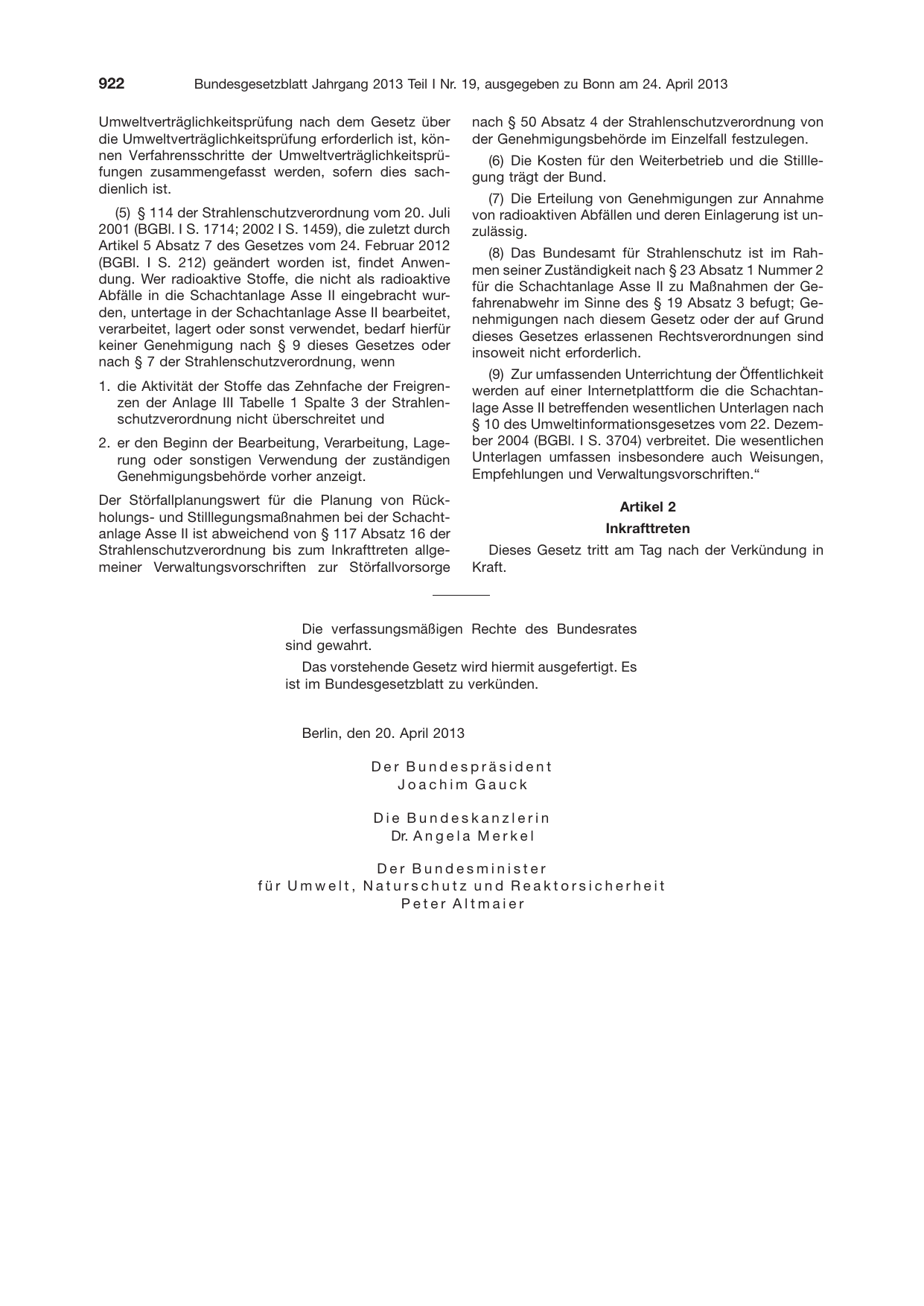 BGBl. 2013, Seite 922 — Originalseite als Abbildung