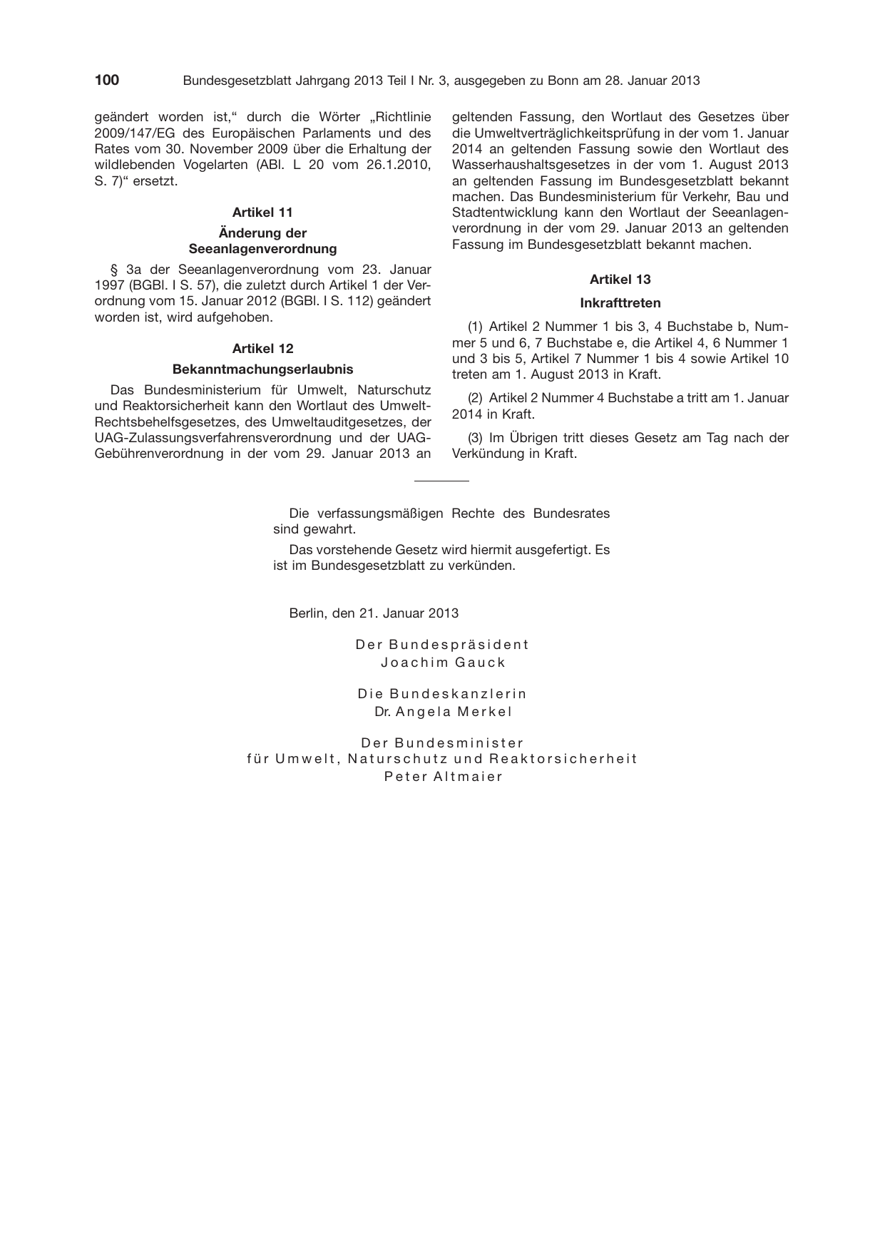 BGBl. 2013, Seite 100 — Originalseite als Abbildung