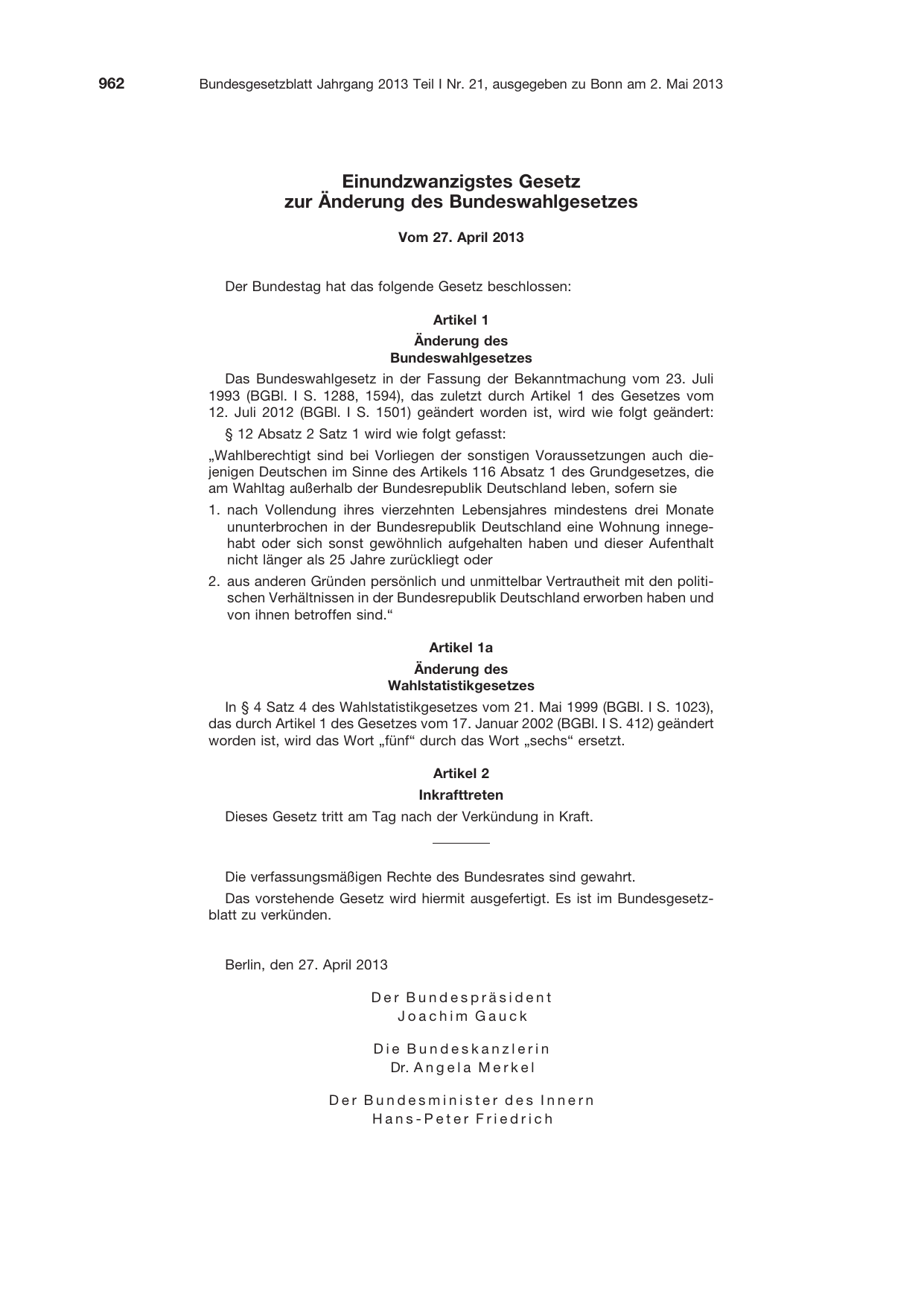 BGBl. 2013, Seite 962 — Originalseite als Abbildung