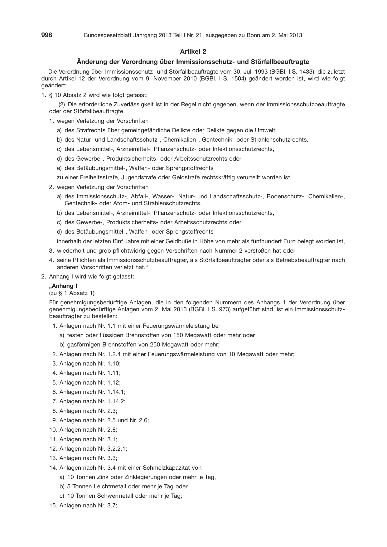 BGBl. 2013, Seite 998 — Originalseite als Abbildung