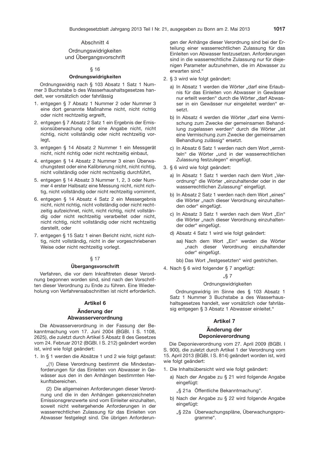 BGBl. 2013, Seite 1017 — Originalseite als Abbildung