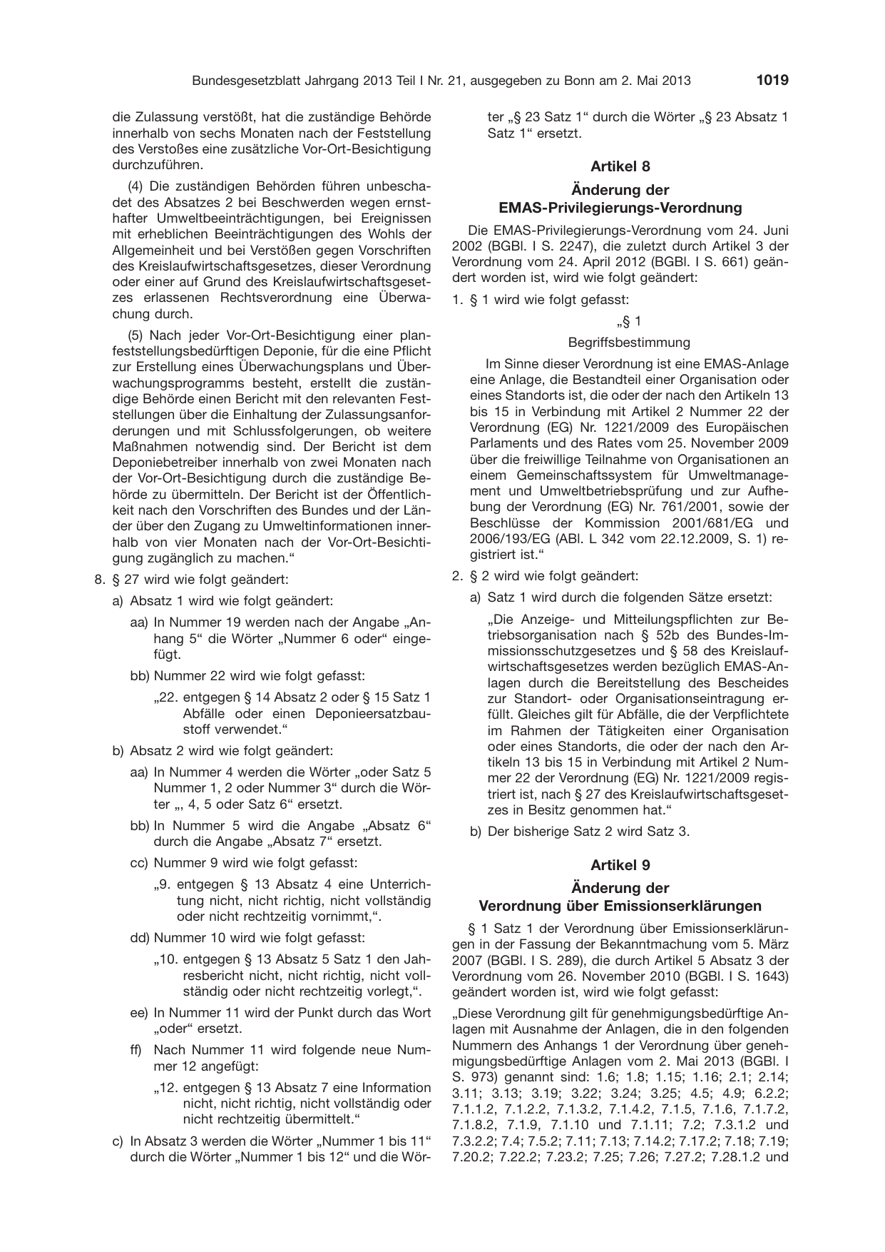 BGBl. 2013, Seite 1019 — Originalseite als Abbildung