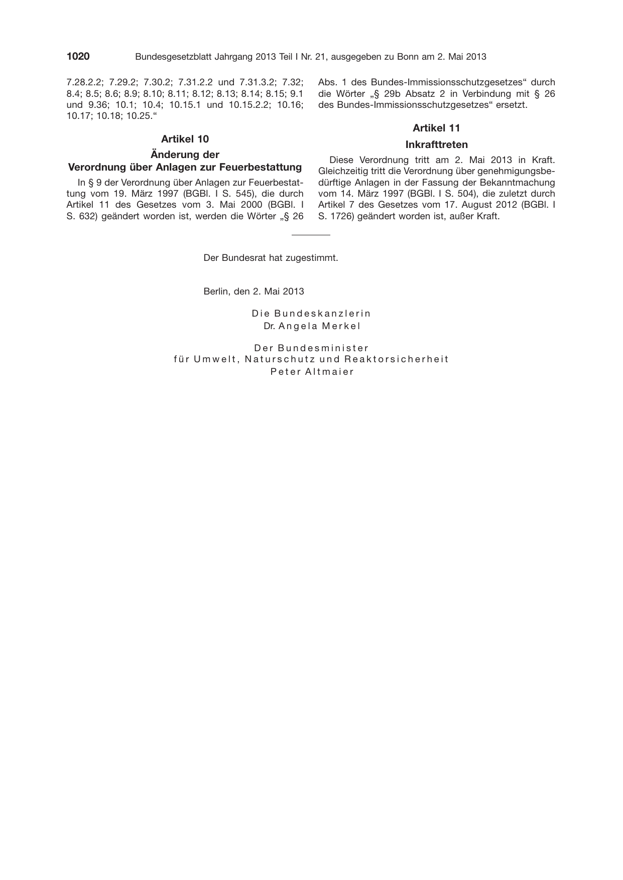 BGBl. 2013, Seite 1020 — Originalseite als Abbildung