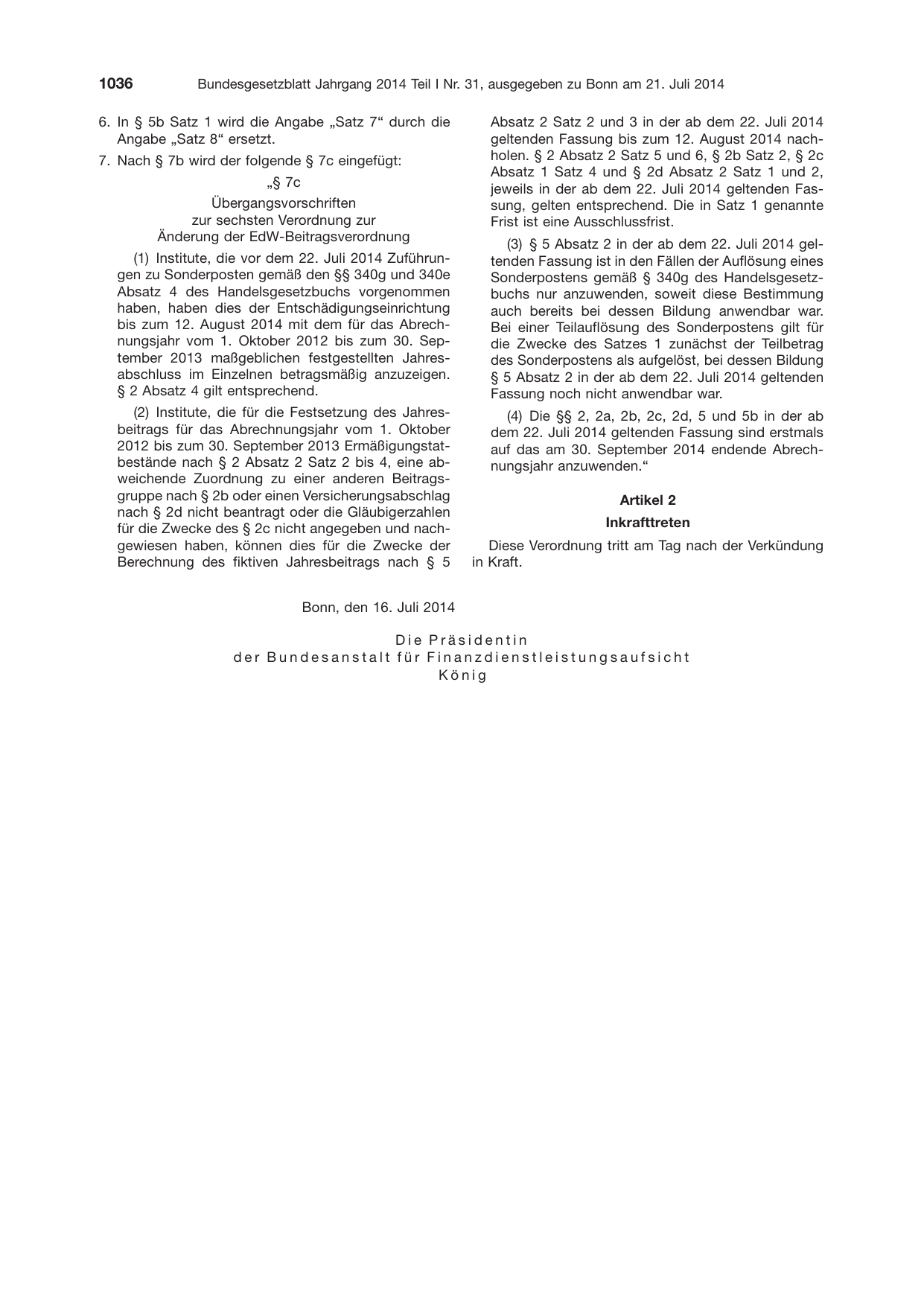 BGBl. 2014, Seite 1036 — Originalseite als Abbildung