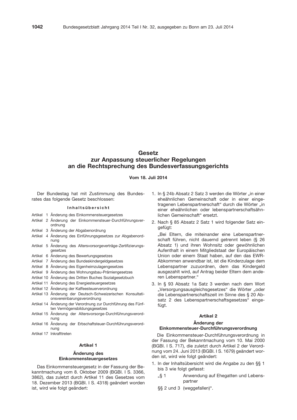 BGBl. 2014, Seite 1042 — Originalseite als Abbildung