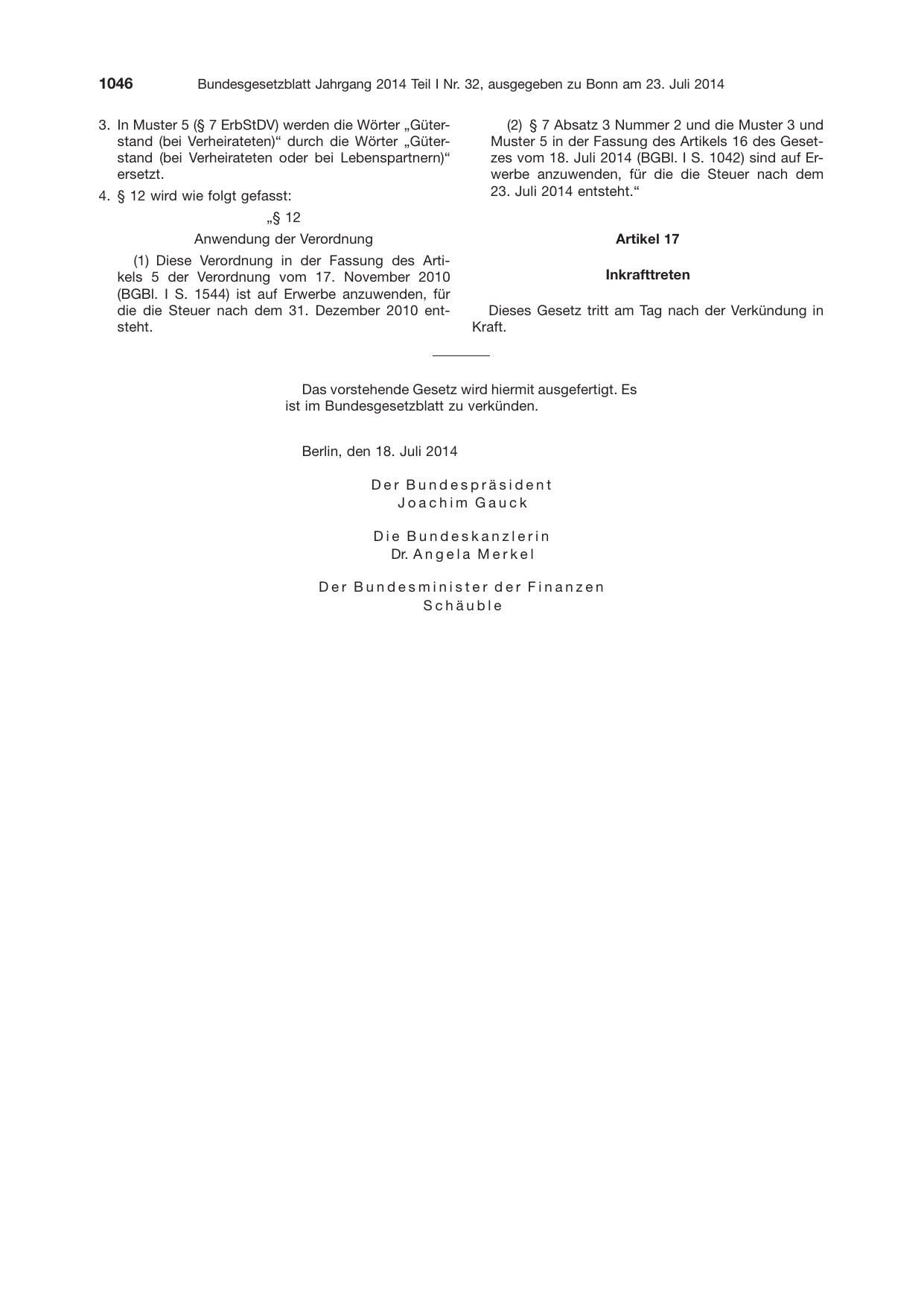 BGBl. 2014, Seite 1046 — Originalseite als Abbildung
