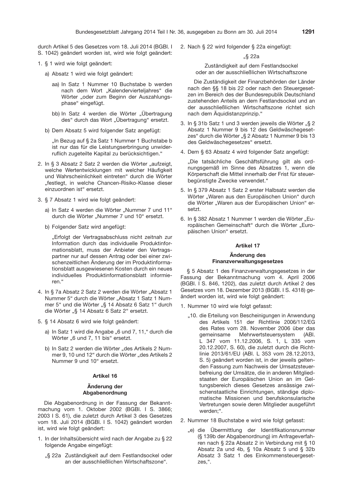 BGBl. 2014, Seite 1291 — Originalseite als Abbildung