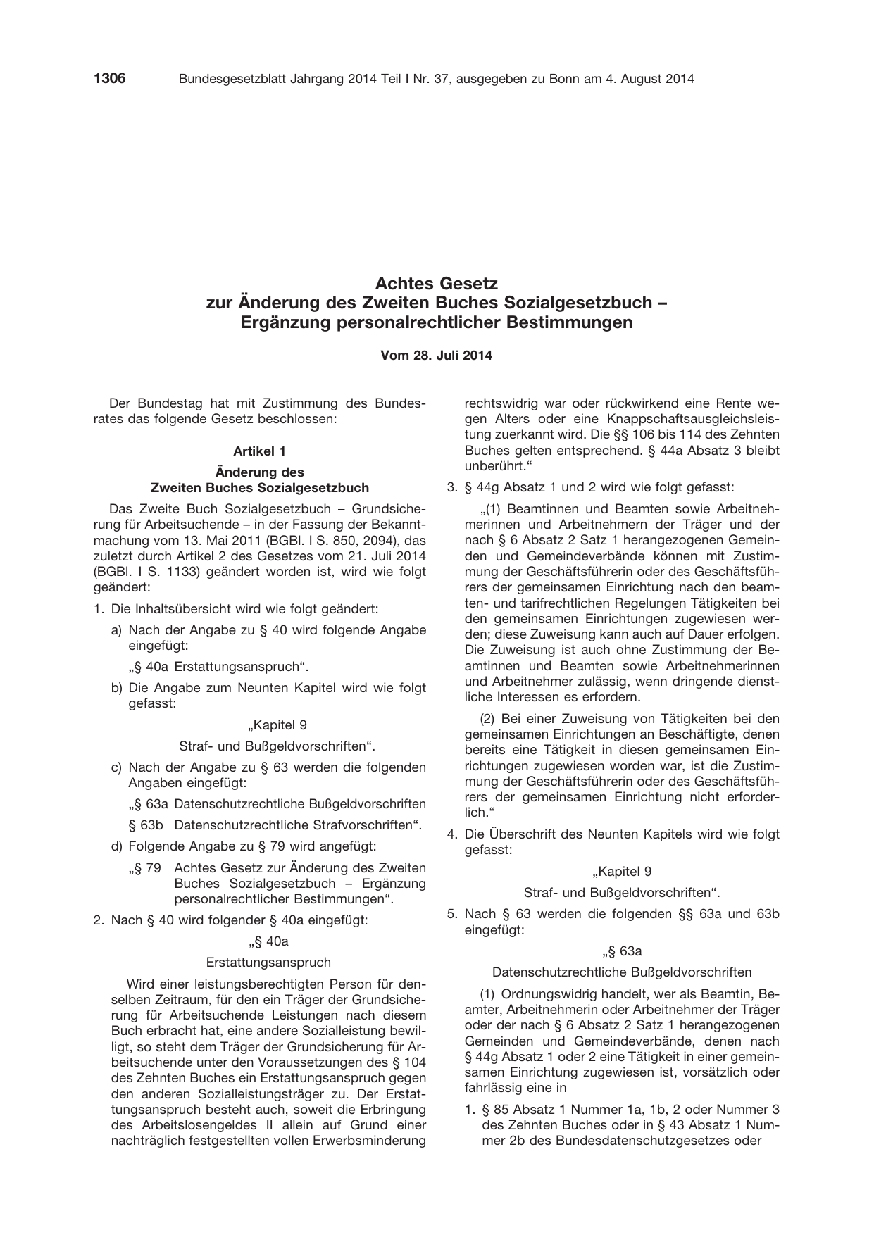 BGBl. 2014, Seite 1306 — Originalseite als Abbildung