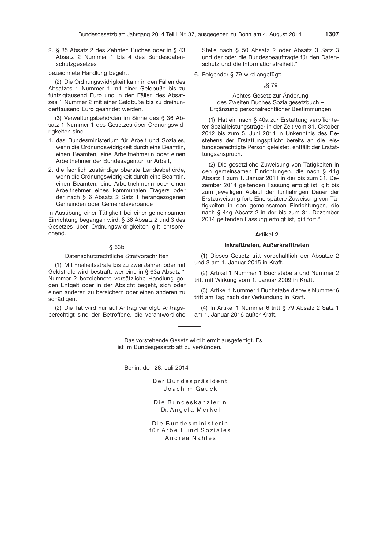 BGBl. 2014, Seite 1307 — Originalseite als Abbildung