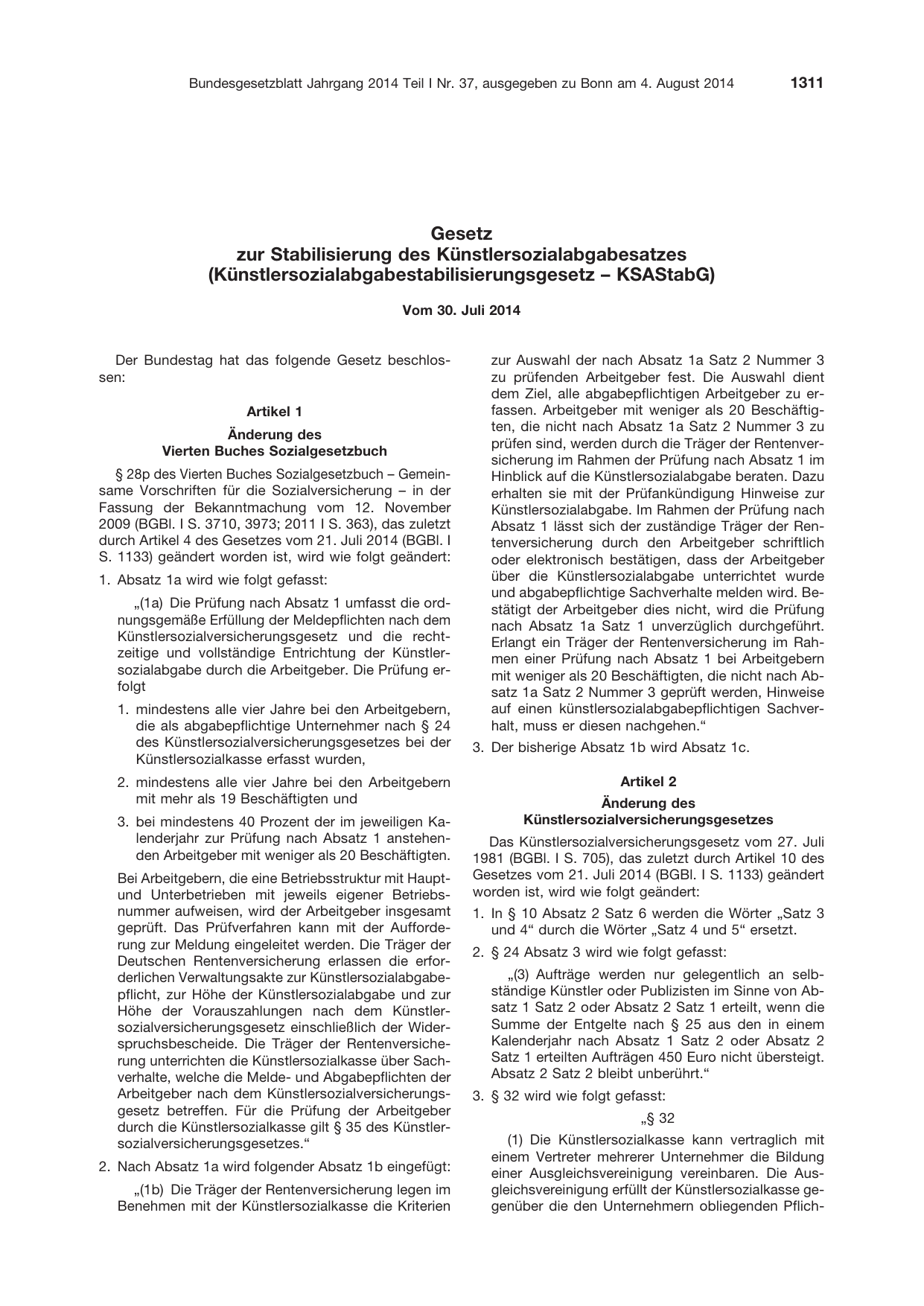 BGBl. 2014, Seite 1311 — Originalseite als Abbildung