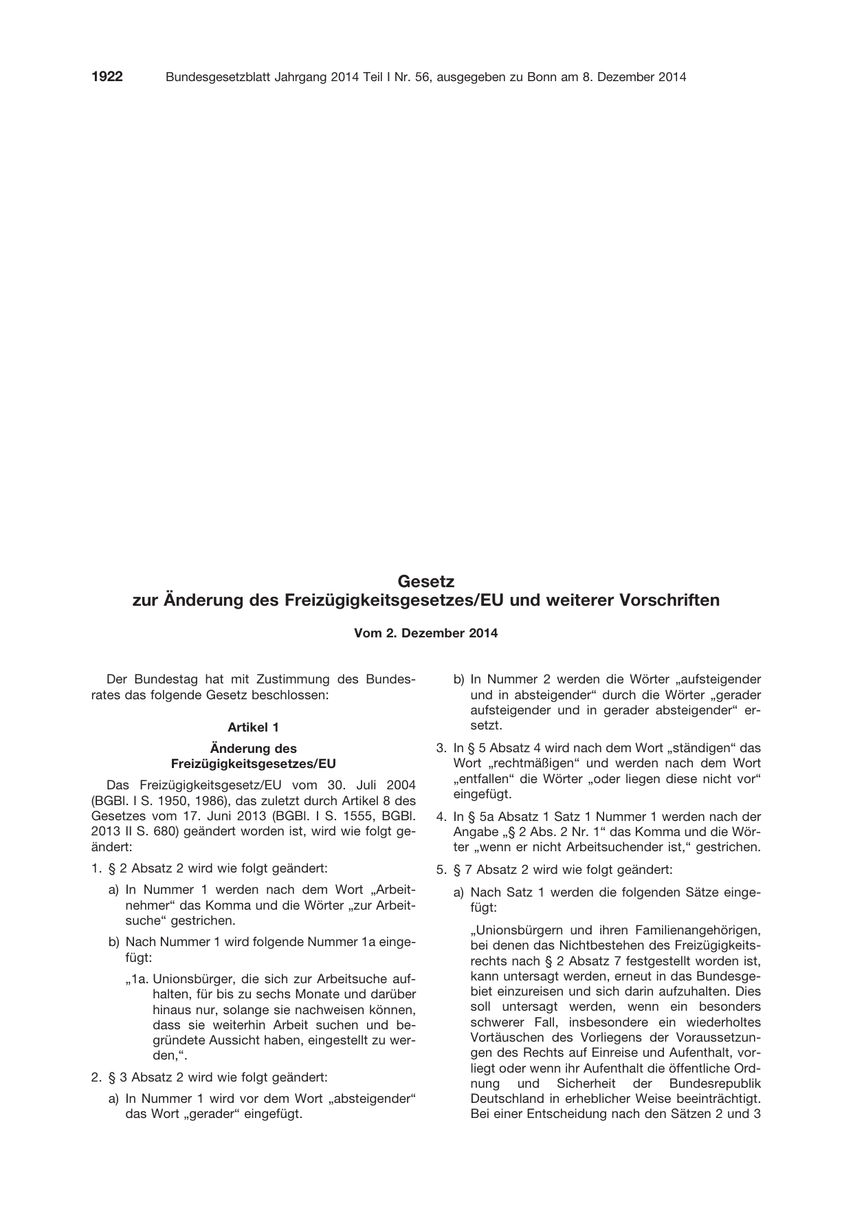 BGBl. 2014, Seite 1922 — Originalseite als Abbildung