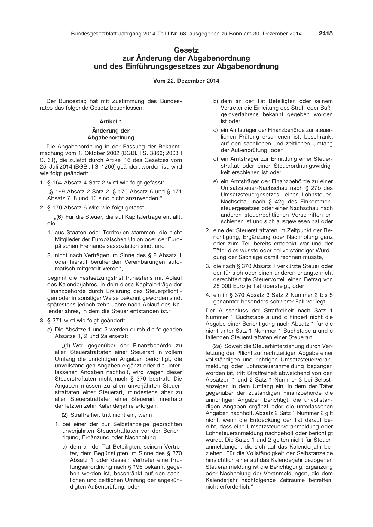 BGBl. 2014, Seite 2415 — Originalseite als Abbildung