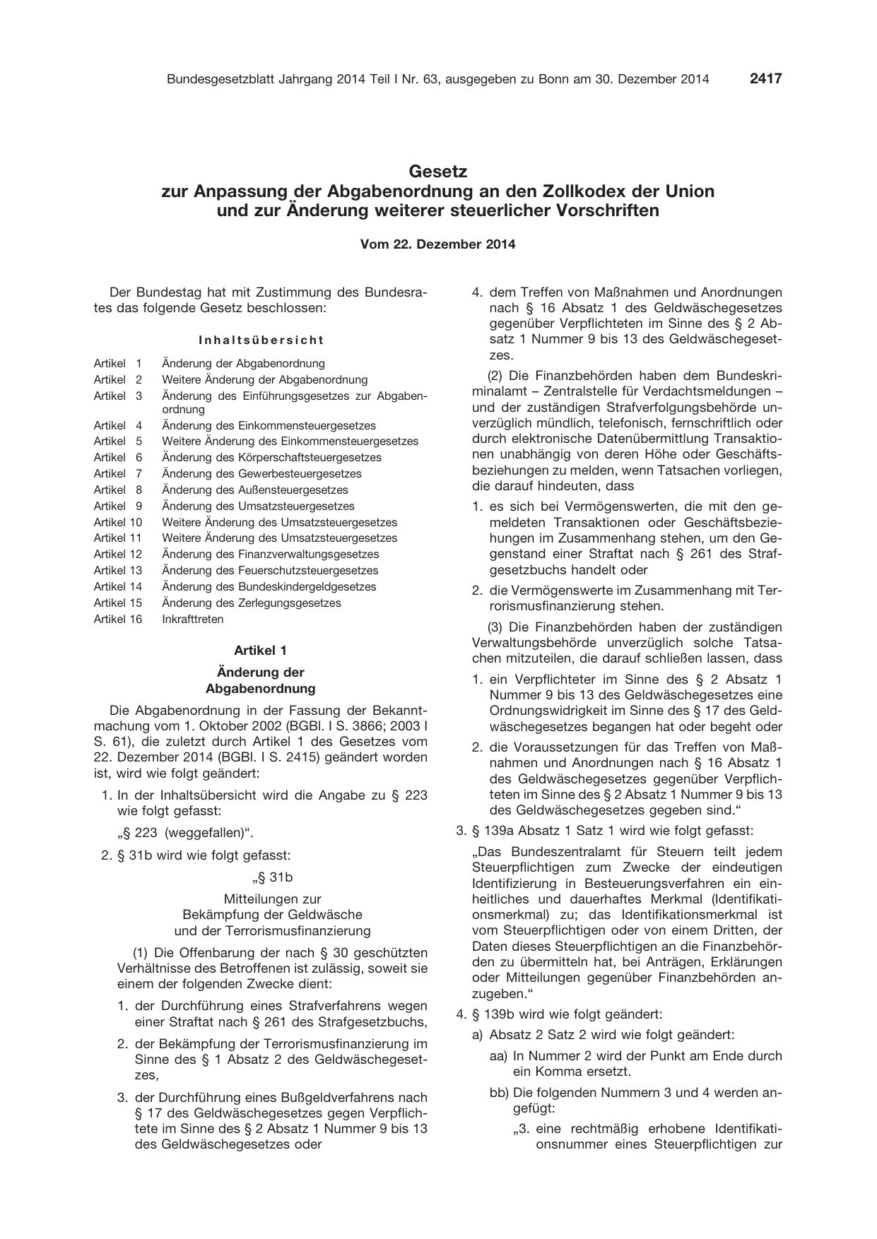 BGBl. 2014, Seite 2417 — Originalseite als Abbildung