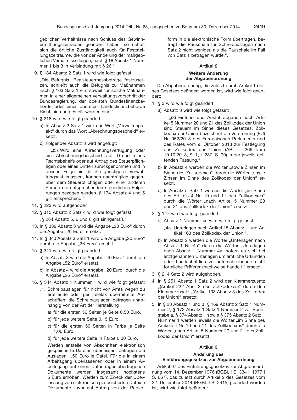BGBl. 2014, Seite 2419 — Originalseite als Abbildung