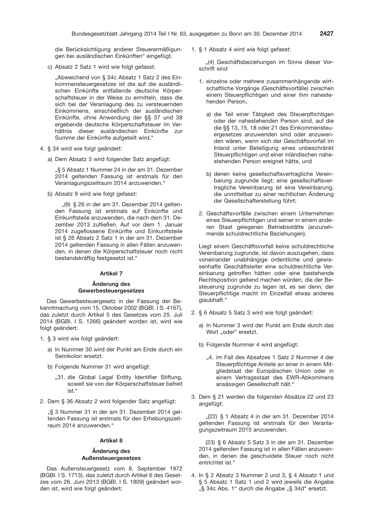 BGBl. 2014, Seite 2427 — Originalseite als Abbildung