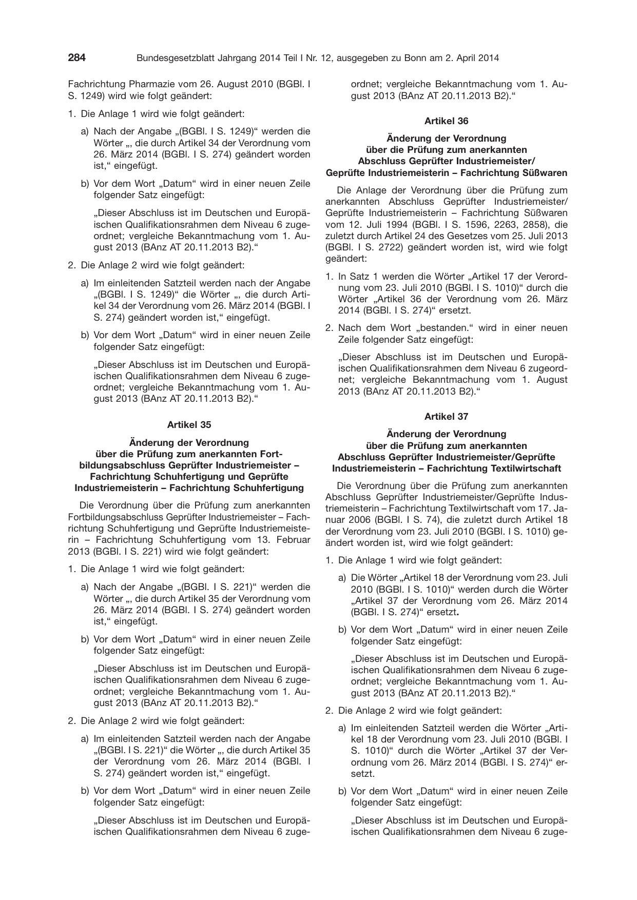 BGBl. 2014, Seite 284 — Originalseite als Abbildung