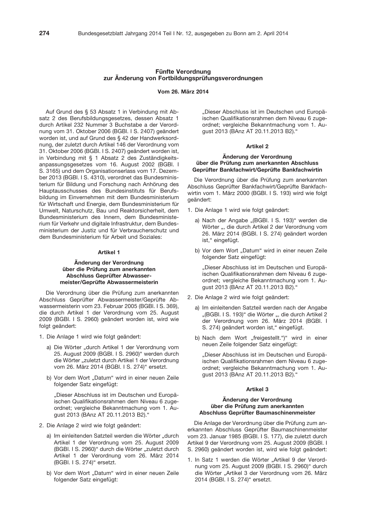 BGBl. 2014, Seite 274 — Originalseite als Abbildung