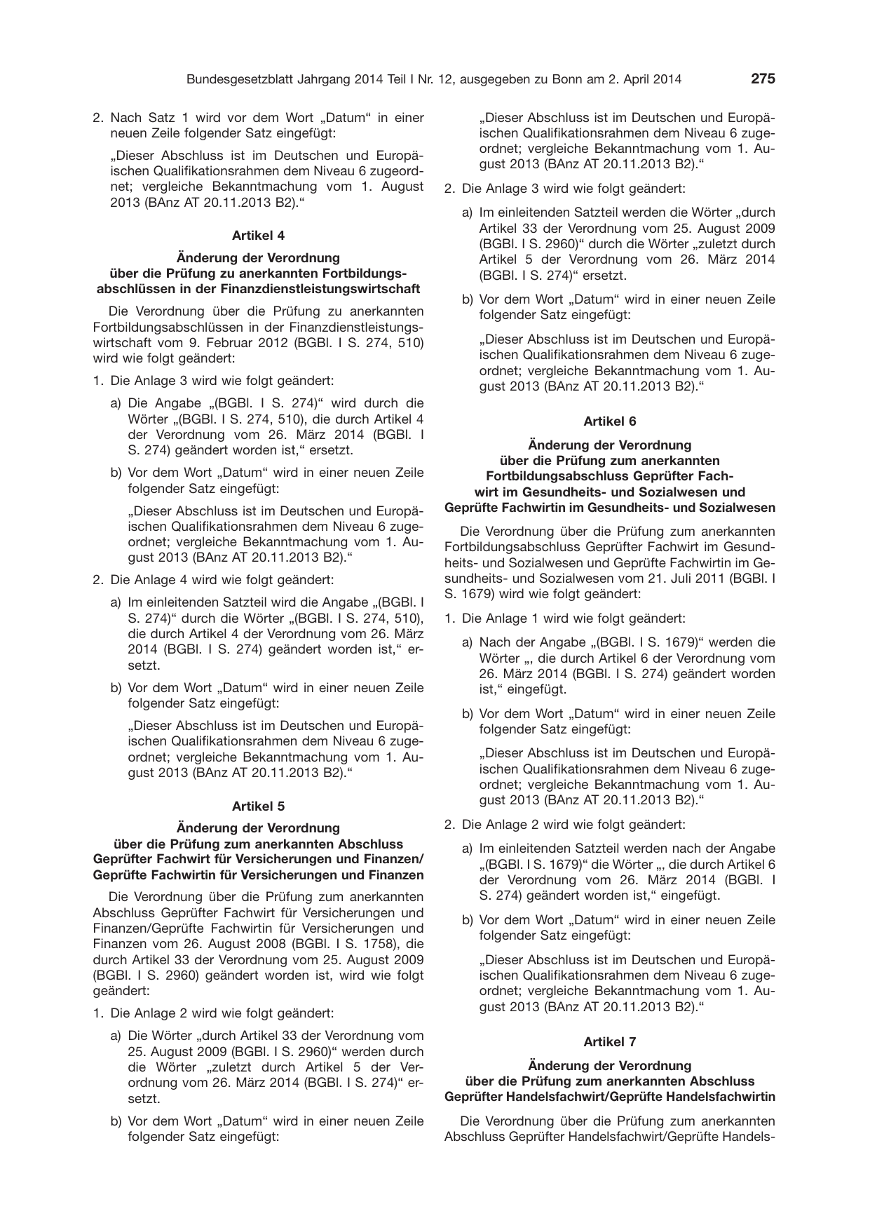 BGBl. 2014, Seite 275 — Originalseite als Abbildung