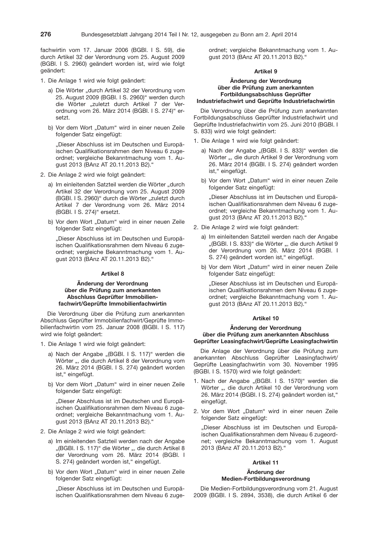 BGBl. 2014, Seite 276 — Originalseite als Abbildung
