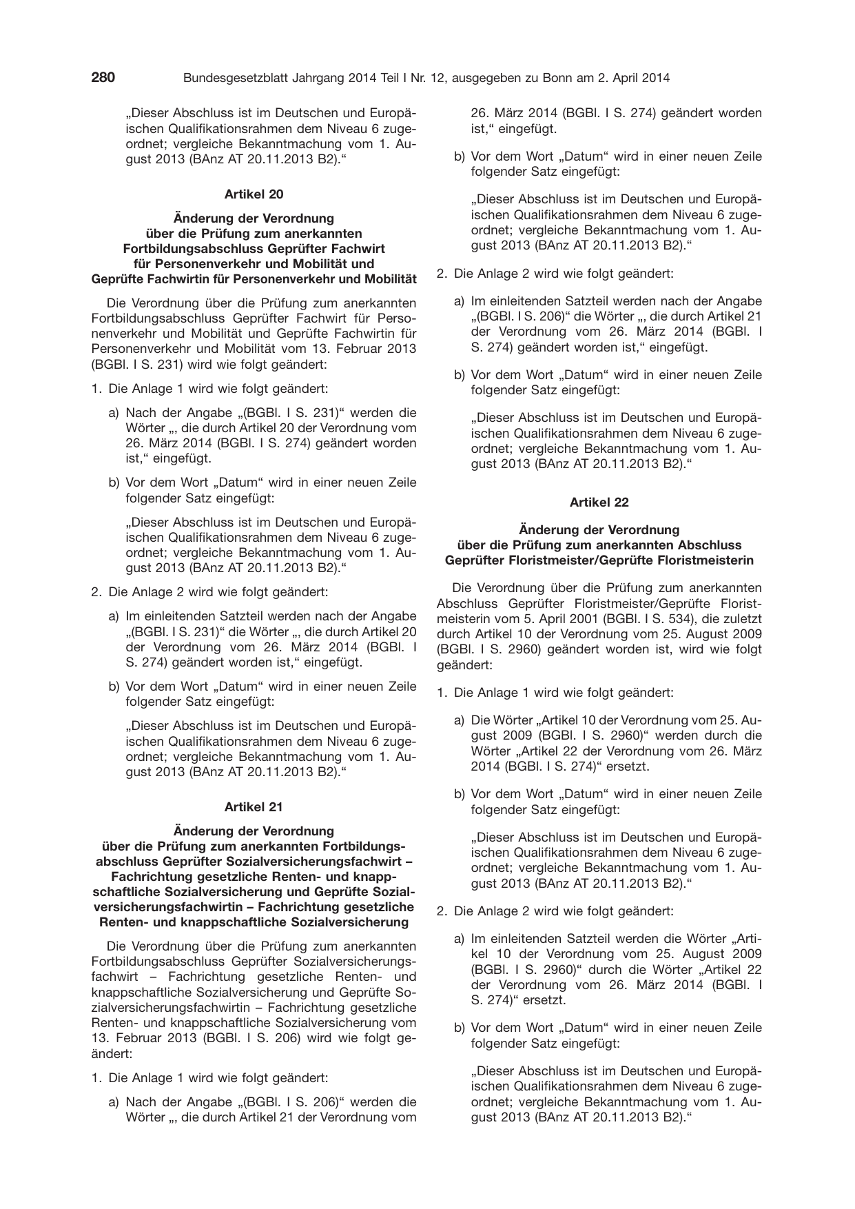 BGBl. 2014, Seite 280 — Originalseite als Abbildung