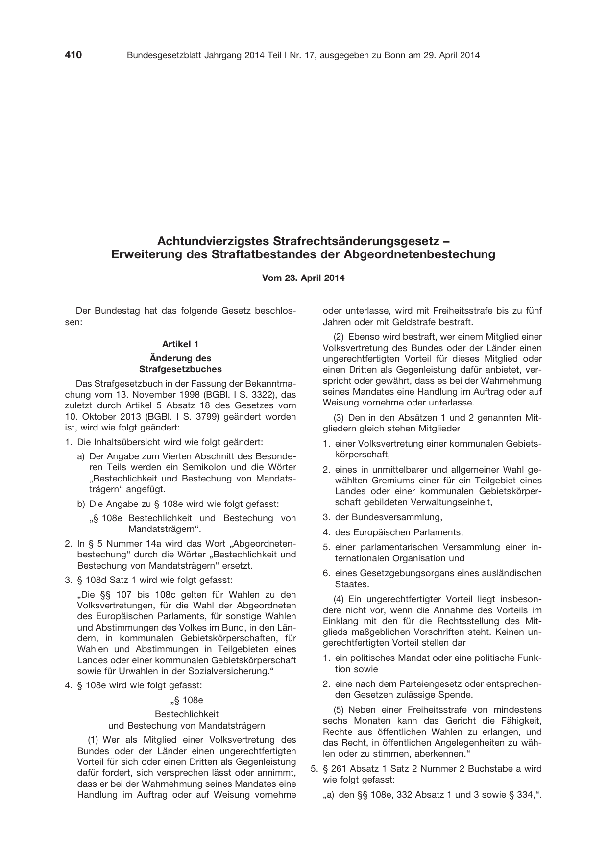 BGBl. 2014, Seite 410 — Originalseite als Abbildung