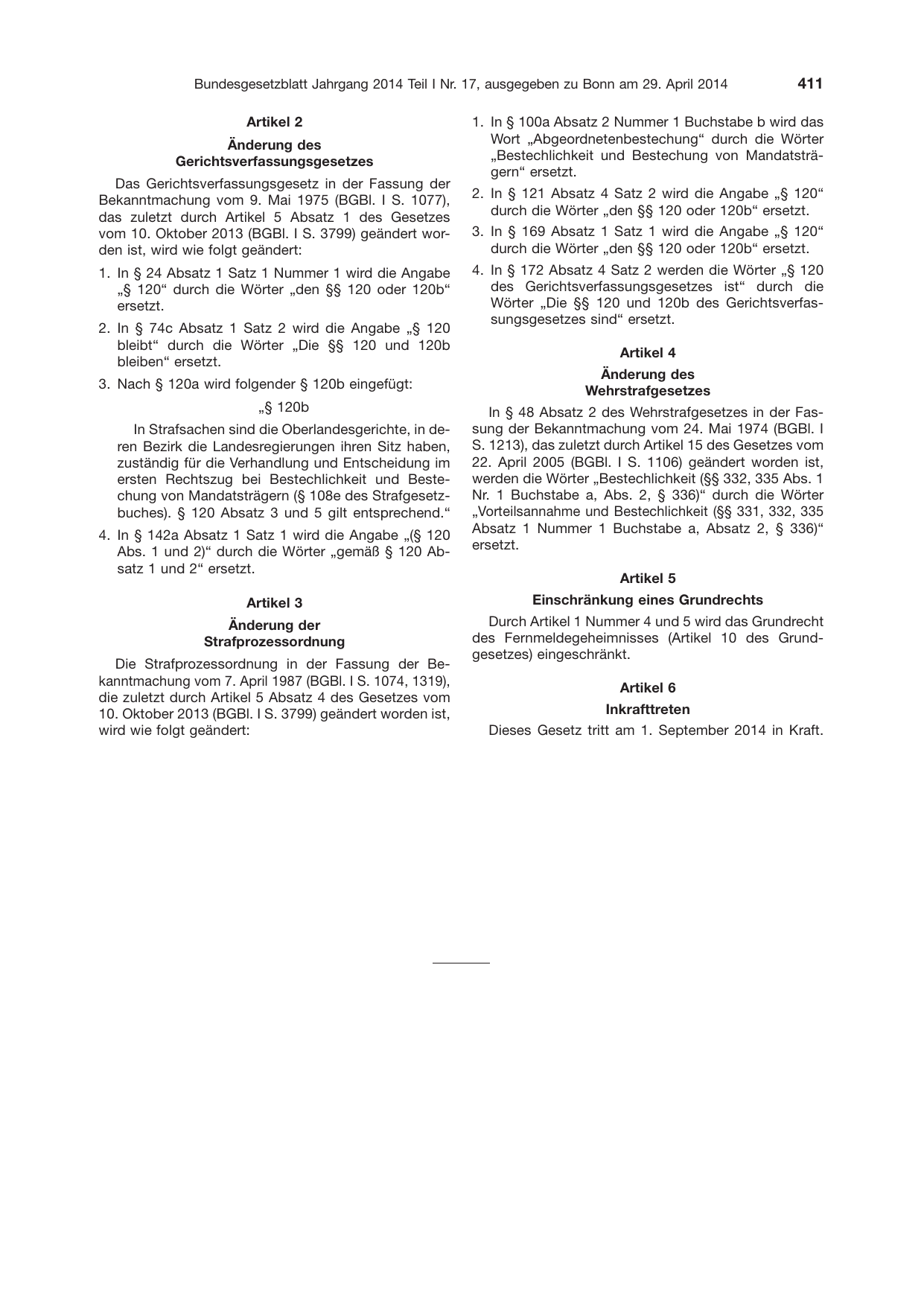 BGBl. 2014, Seite 411 — Originalseite als Abbildung