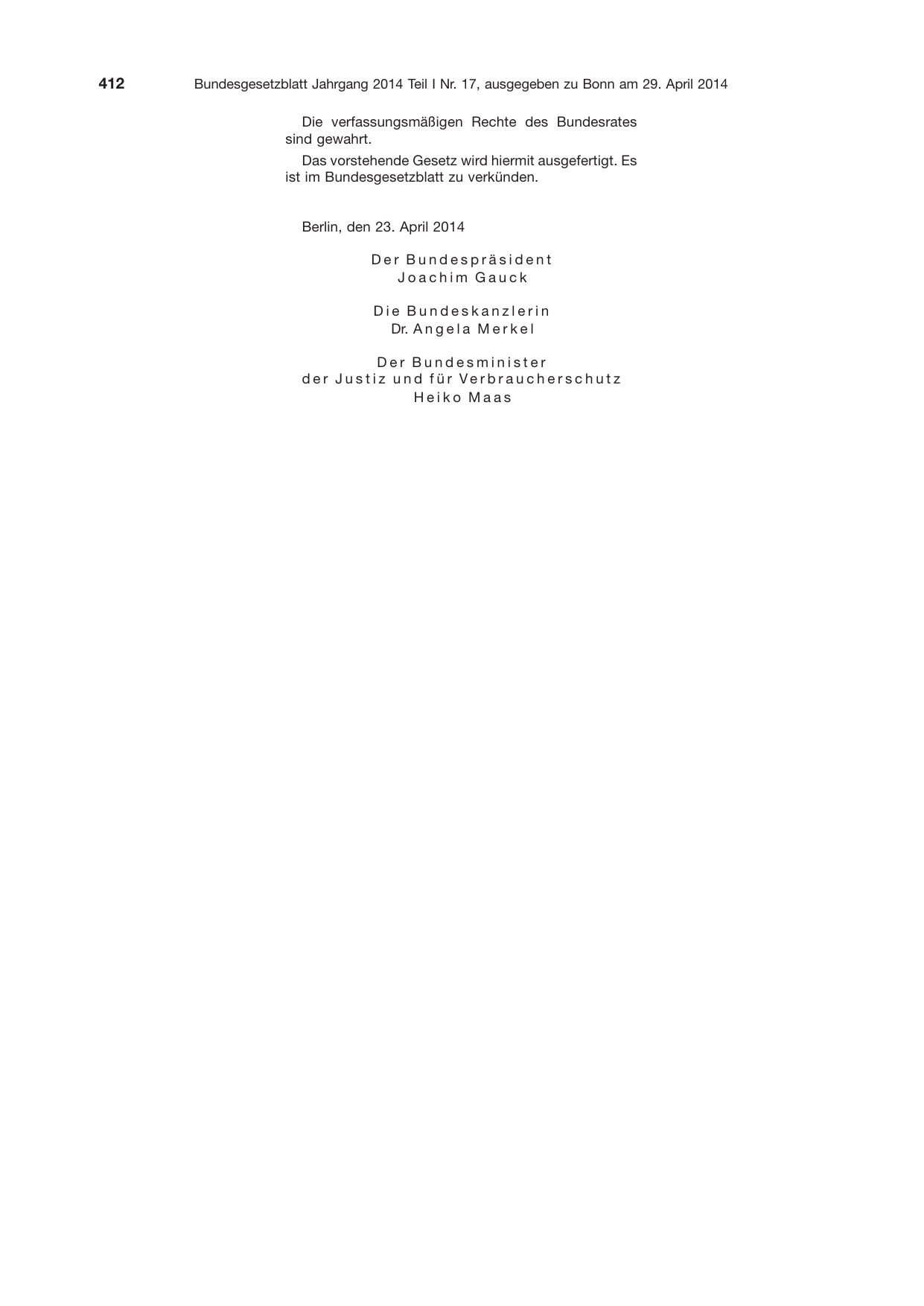 BGBl. 2014, Seite 412 — Originalseite als Abbildung